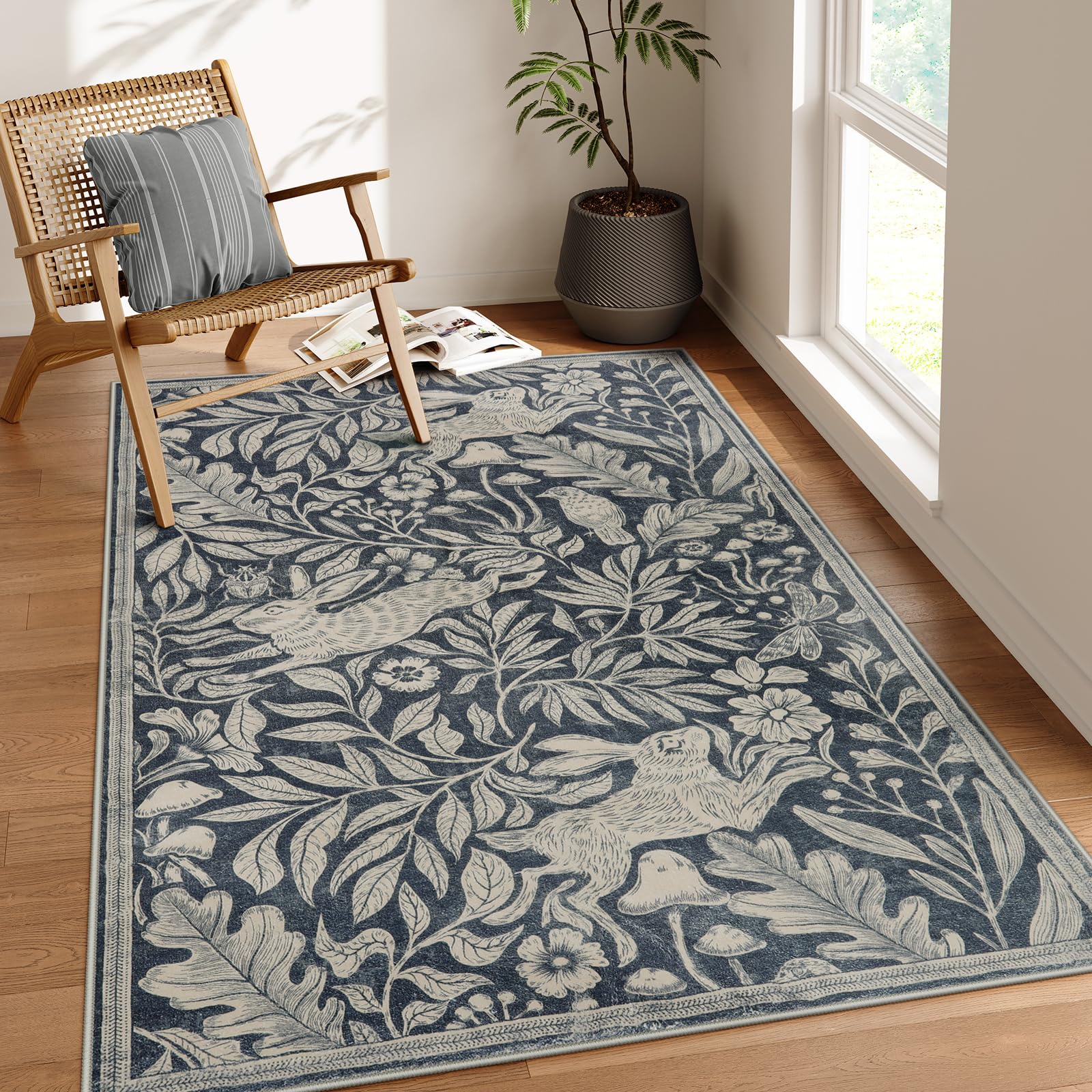 Lahome Forest Rabbit 5x7 Rugs for Living Room, Animal Soft Washable Area Rug, Whimsical Woodland Dark Gray Stain Resistant Botanical Bunny Rug for