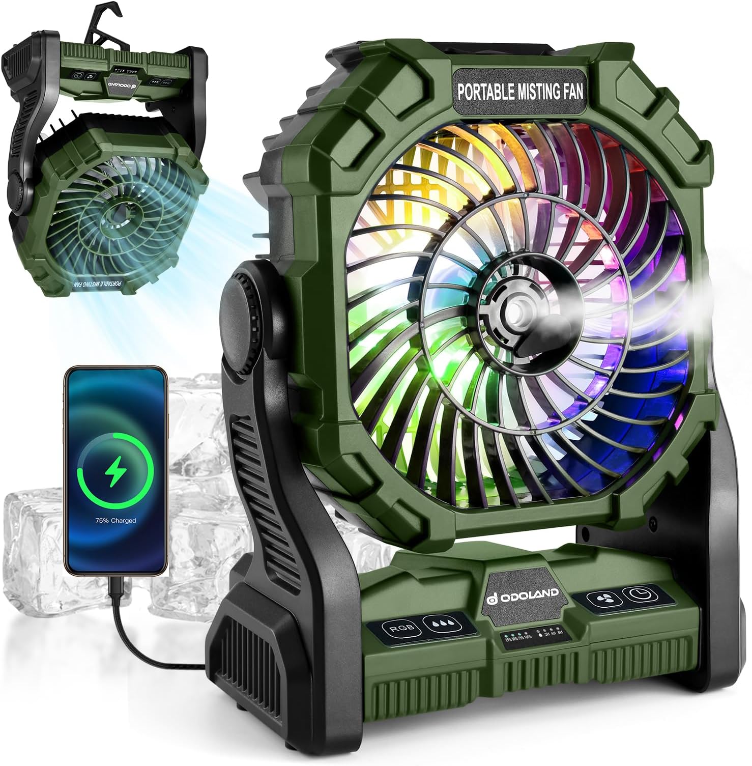 Odoland Portable Camping Fan with Spray, 250mL Water Tank, 20000mAh Rechargeable Battery Operated Tent Fan with Hook and Light, Outdoor Cooling for Patios, Beach, RV, Car, and Summer Use