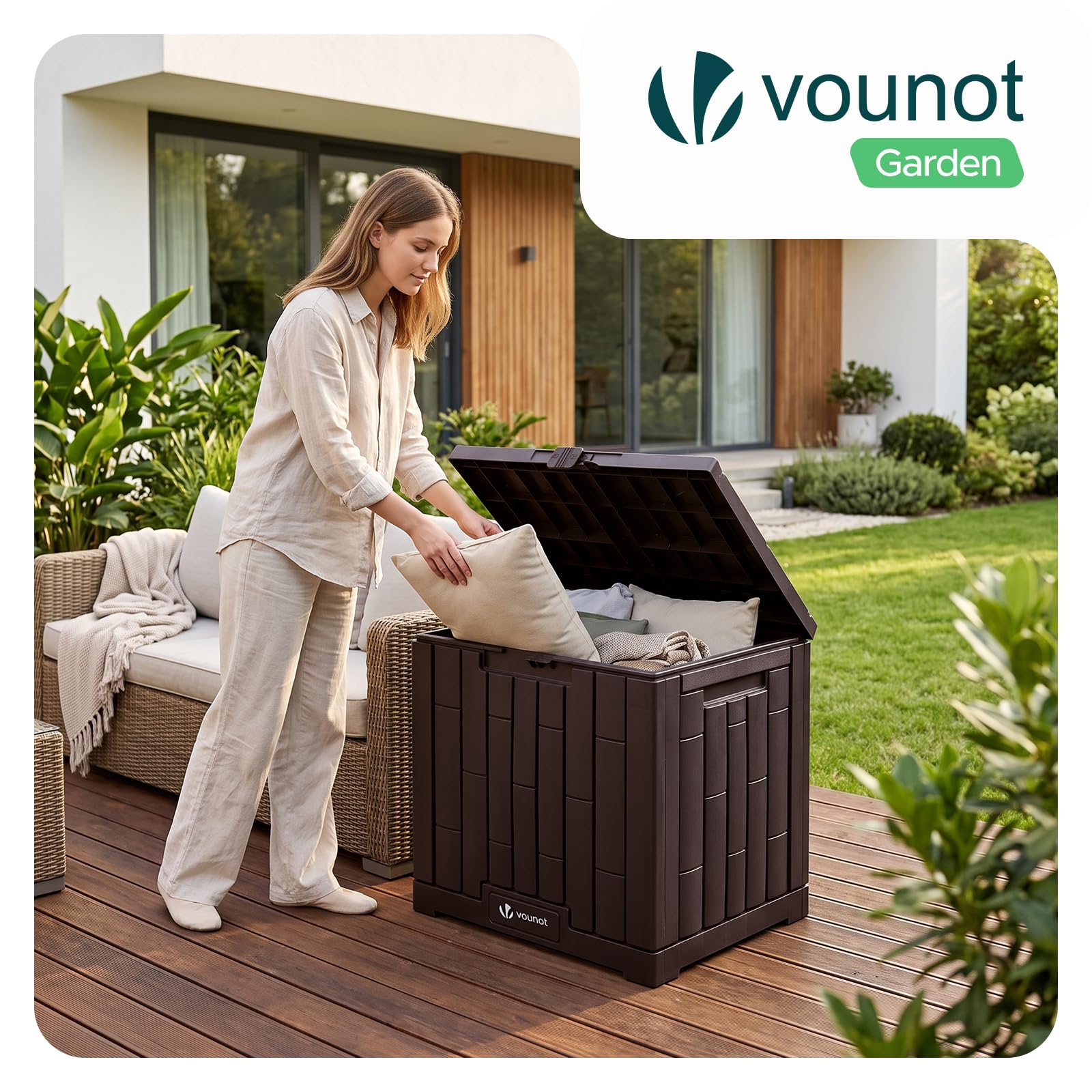 VOUNOT® Arcón Exterior Capacidad 126L PP Baúl Almacenaje Exterior con Cerradura Tapa y Asas Impermeable Caja de Almacenamiento Patio 56x44x53 cm Cofre para Ordenación de Jardín Balcón y Terraza Marrón