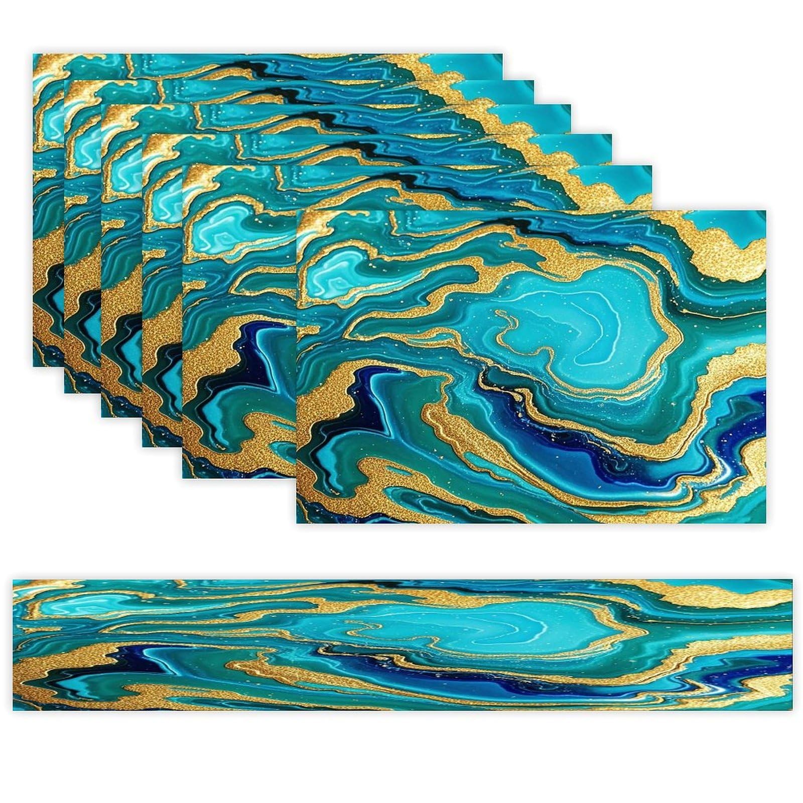 Turquoise Blue Gold Marble Table Runner and Placemats Set of 6 Stain Resistant Heat Resistant Place Mats for Kitchen Dining Table Mats Long Table Runner Modern Art Dining Decor for Daily Use