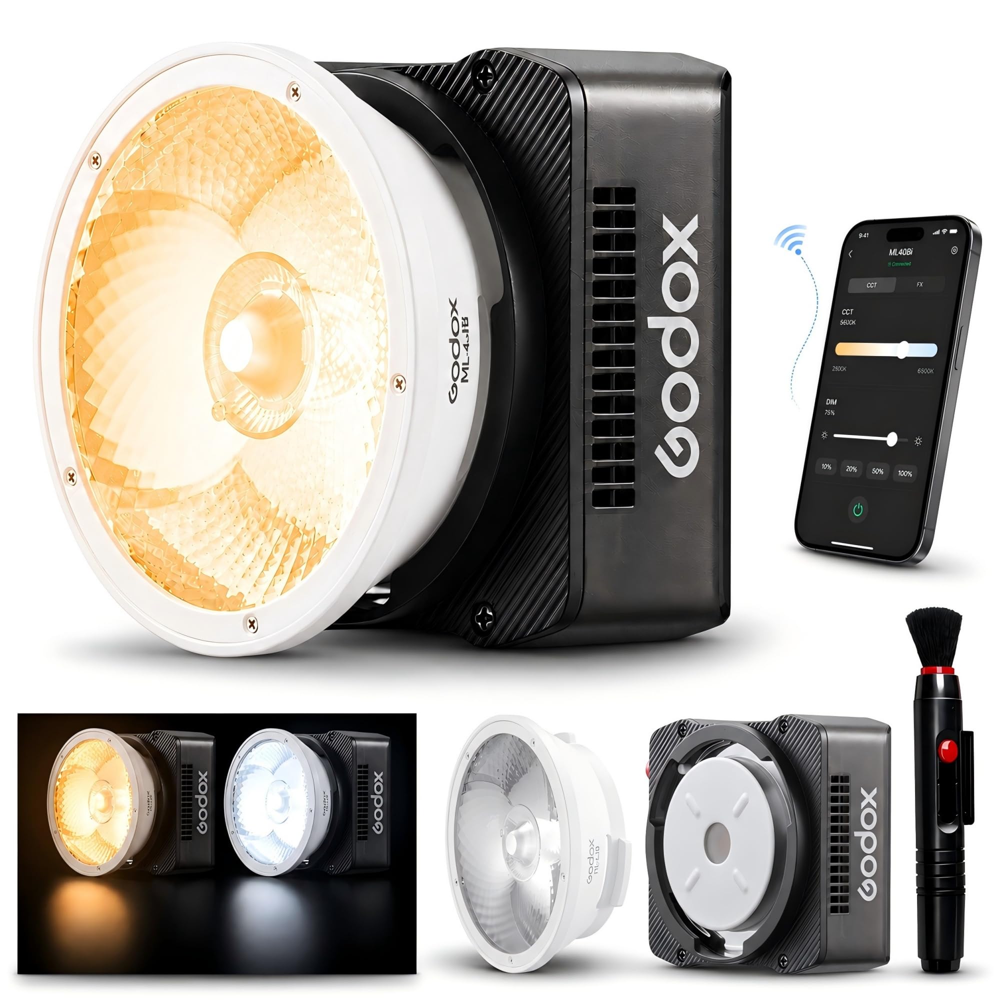 Godox ML40Bi LED-videolicht, dwukolorowe, 26400 luksów @ 1 m z reflektorem ML-L10, 2800 K-6500 K, CRI/TLCI 96+, 11 efektów FX, NFC-app, uchwyt Godox, USB-C do vlogowania