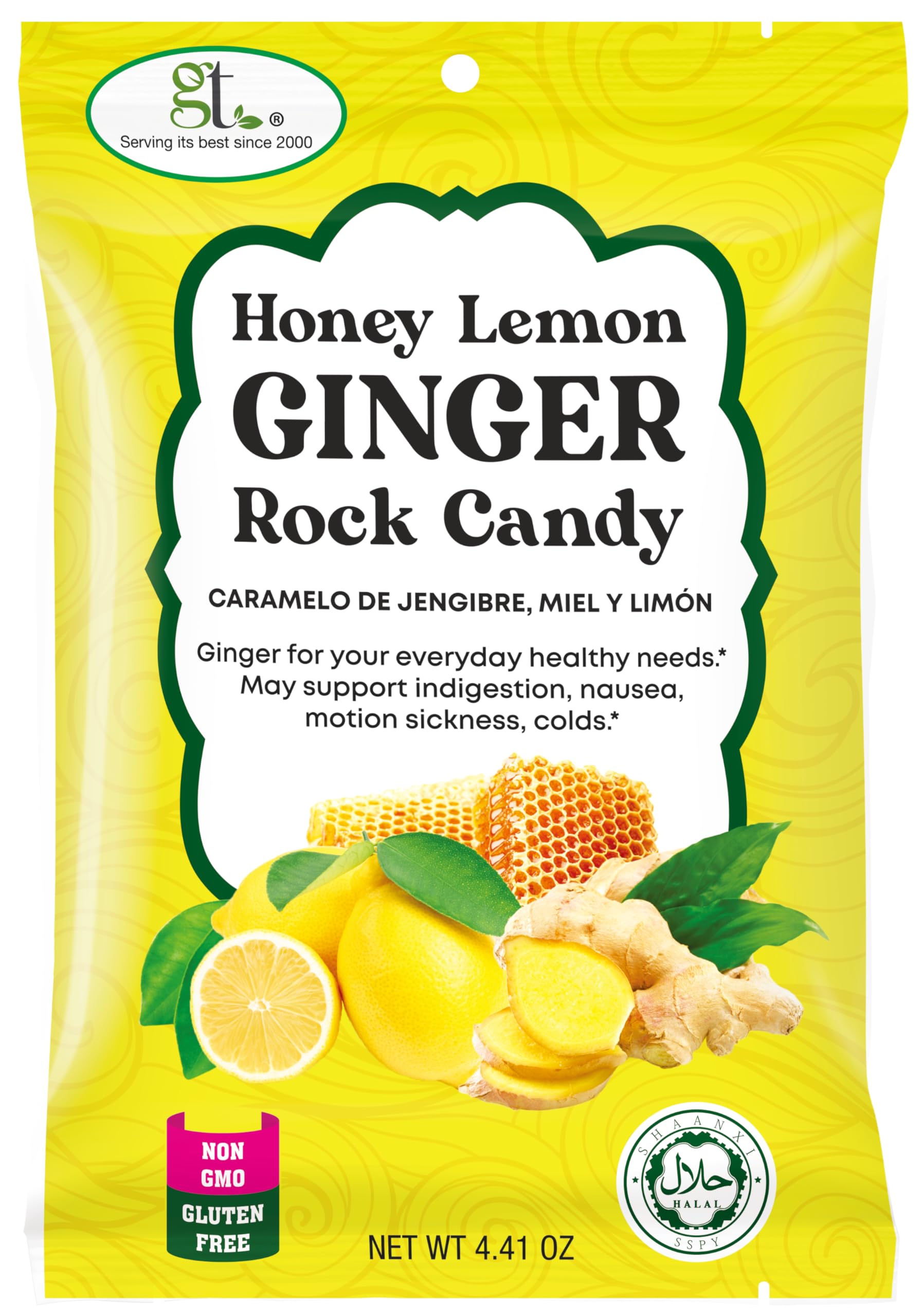 GT Honey Lemon Ginger Rock Candy, 4.41 Ounce Bag, 1 Pack