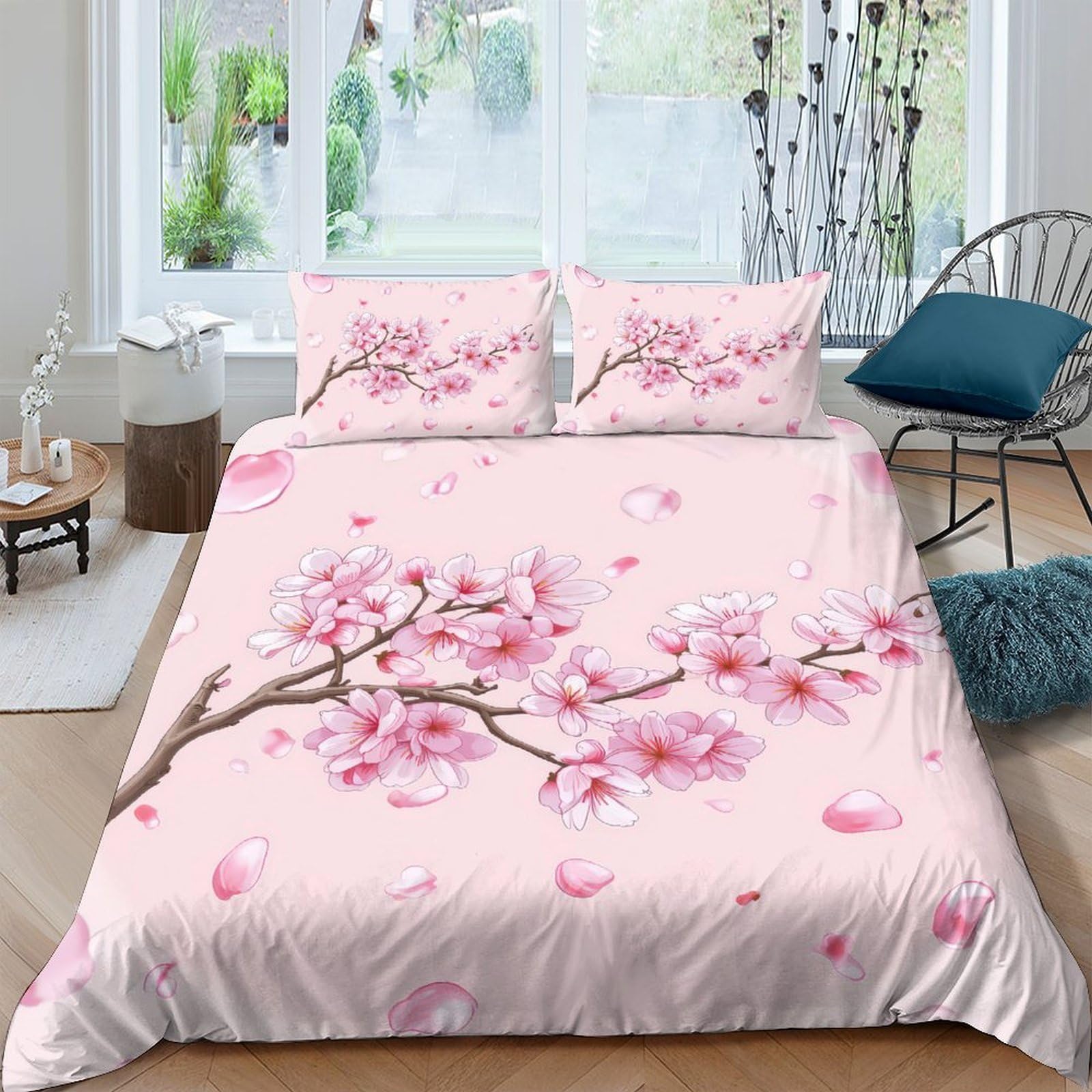 Ctjqhvkz Style-5 3D Printed Cherry Blossom Fitted Sheet Microfiber Soft Pink Floral Bed Cover For Bedroom Guest Room Easy Care Single（135X200cm）