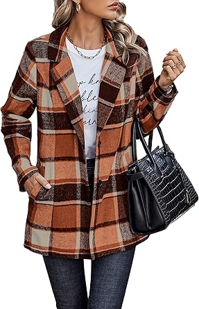 PRETTYGARDEN Women Plaid Shacket Jacket Trendy Fall Casual Button Wool Blend Tartan Trench Coat Winter Clothing with Pockets