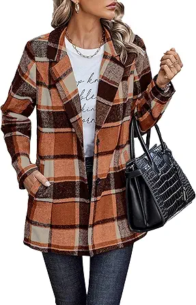 PRETTYGARDEN Women Plaid Shacket Jacket Trendy Fall Casual Button Wool Blend Tartan Trench Coat Winter Clothing with Pockets