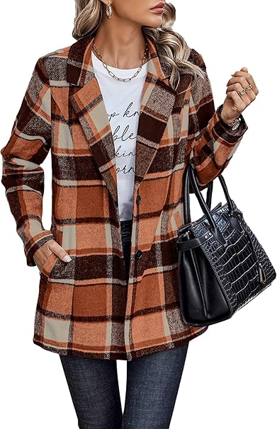 PRETTYGARDEN Women Plaid Shacket Jacket Trendy Fall Casual Button Wool Blend Tartan Trench Coat Winter Clothing with Pockets