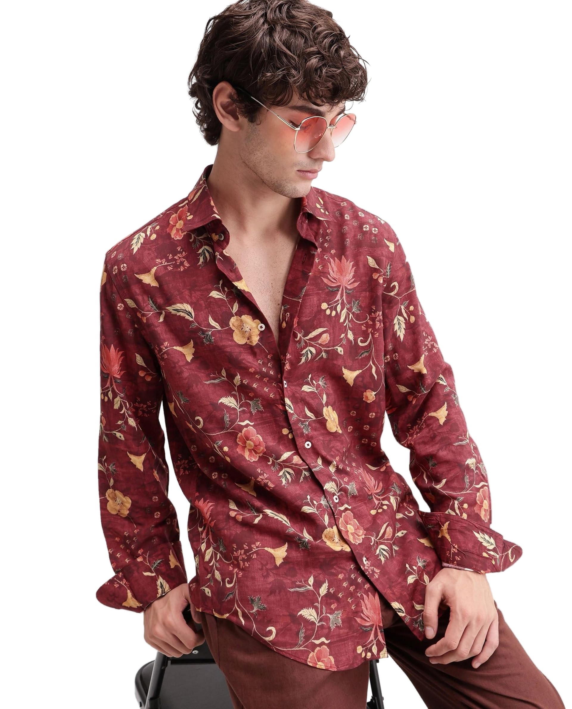 rare rabbit Regular Fit Dark Red Floral Rayon Button-Down Long Sleeve Shirt-picture-19