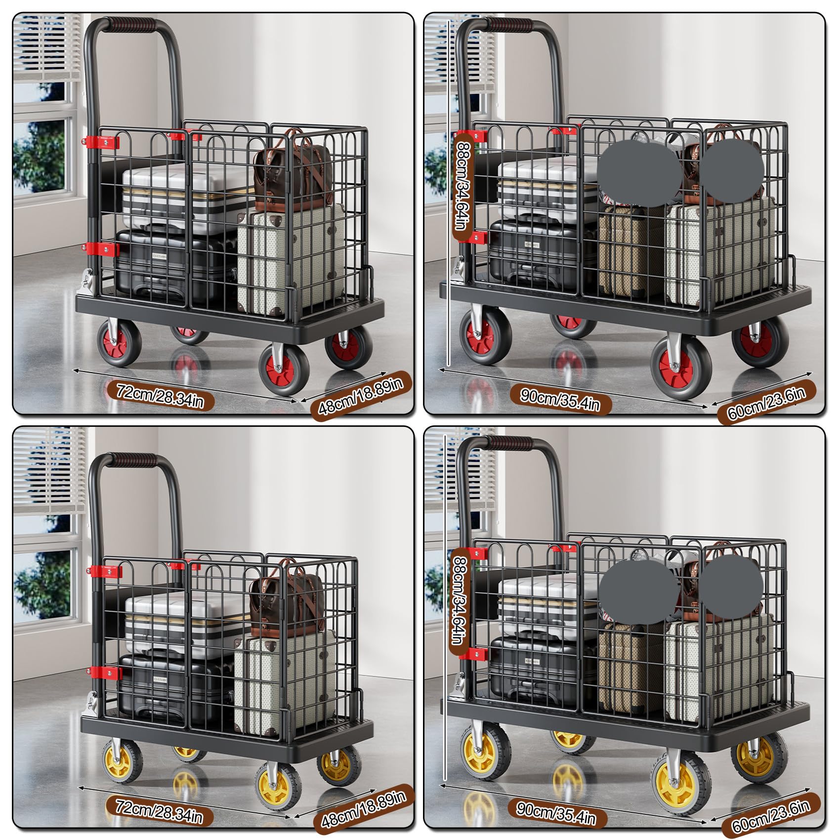 Amarillo,90cm,Carro de Plataforma Transporte Industrial Plegable con Ruedas. Carretilla de Mano. Carga 150kg. Carrito Mudanzas, hogar, Oficina, almacén, Ahorra Espacio