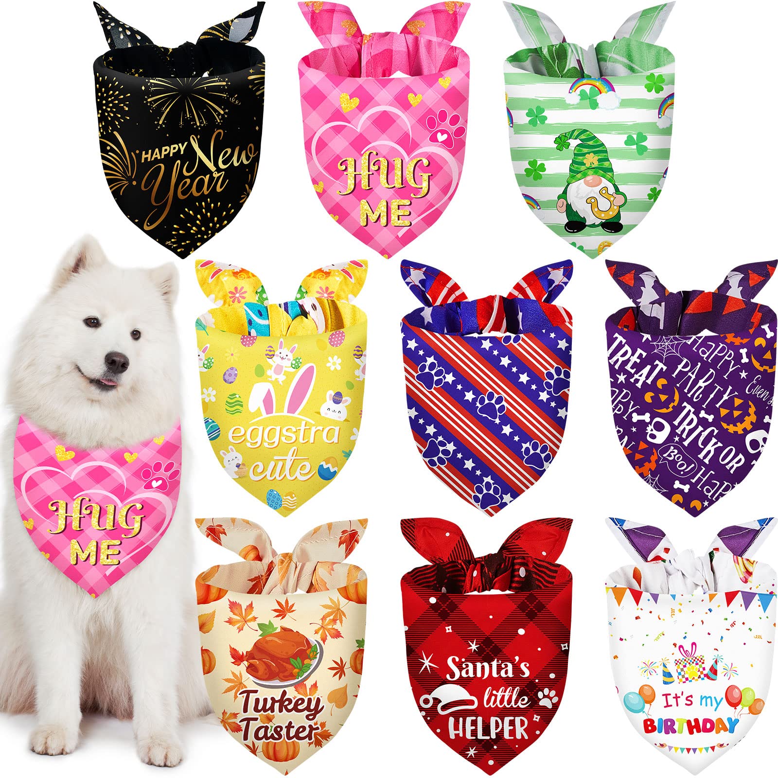 Weewooday 9 Pcs Holiday Dog Bandanas Valentine's Day St' Patrick's Day Easter Bandanas Birthday Scarf Adjustable Large Pet Washable Scarves for Large Dog Supply(Fresh Pattern)