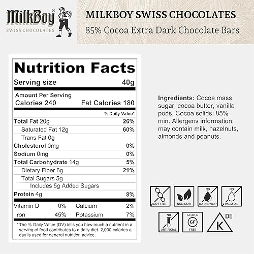 Miniatura 7 de Milkboy - Chocolates negros suizos 85 chocolate negro chocolates suizos fabricados en Suiza sin lácteos vegano sin gluten sin OMG Kosher de granja