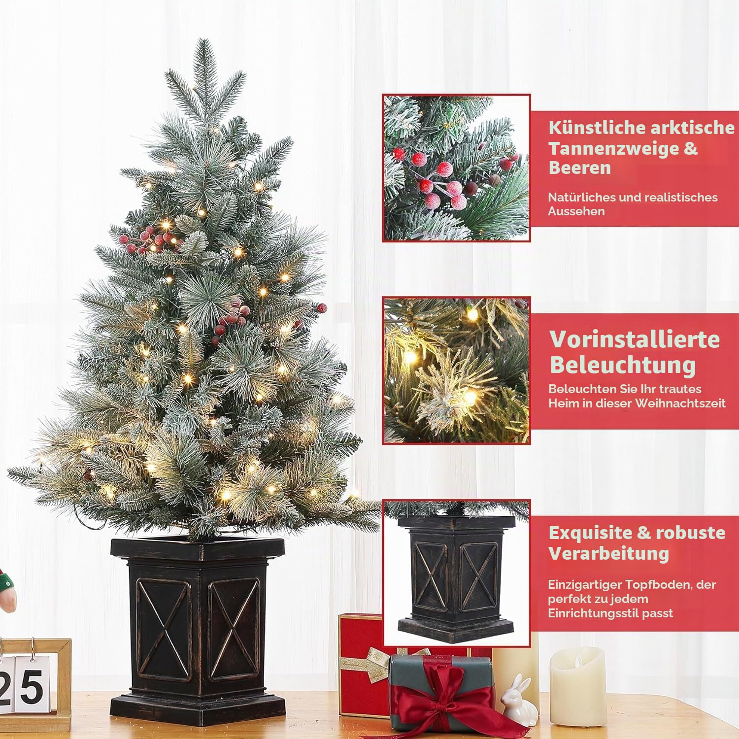 Weihnachtsbaum Künstlich 90 cm Mit 78 Beleuchtung, Snow Flocked Künstlicher Weihnachtsbaum Batteriebetrieben Pre-Lit Weihnachten Deko Für Zuhause, Büro, Vintage Topfbasis
