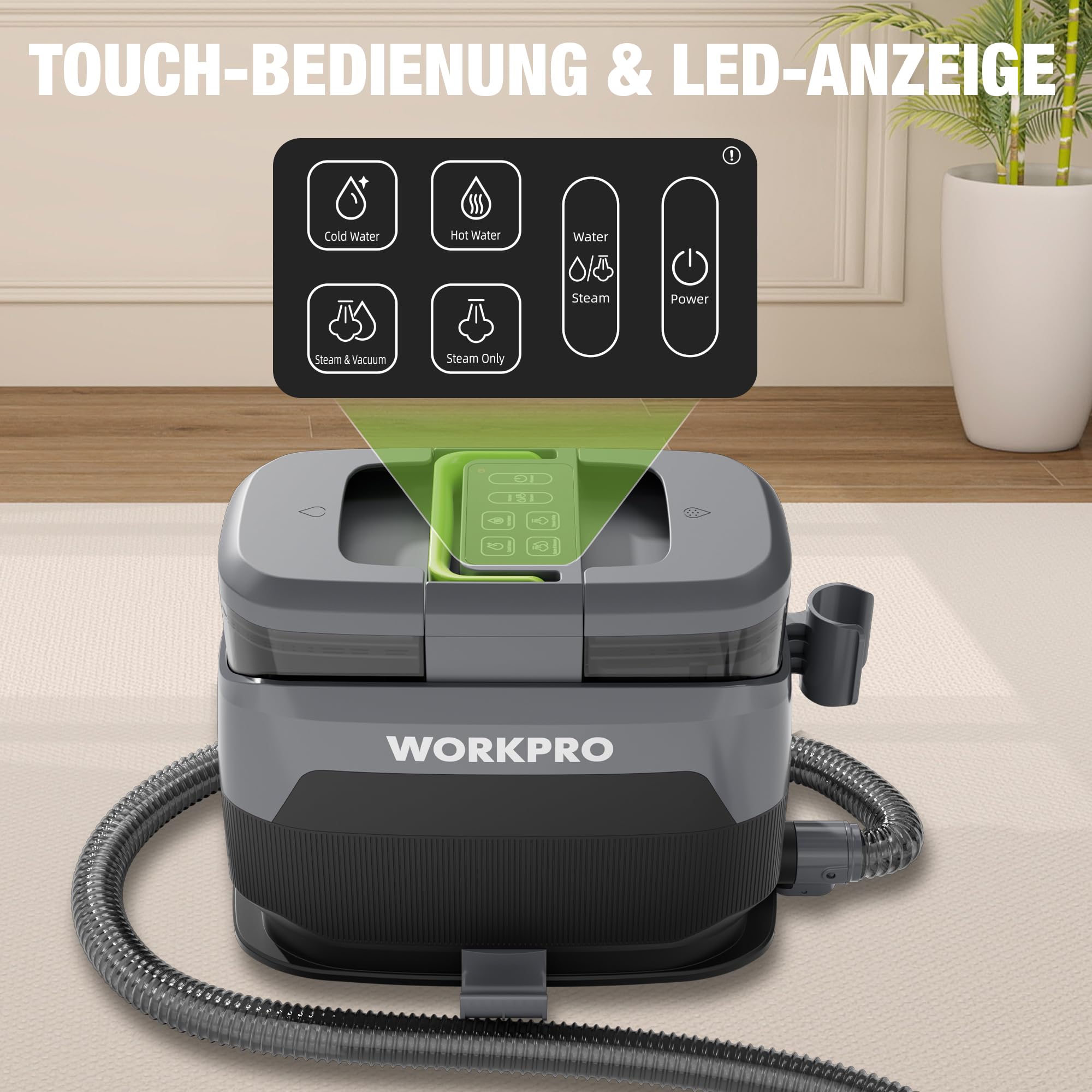 WORKPRO Teppichreiniger Waschsauger mit Dampffunktion | 16 kPa Steam Polsterreiniger Gerät, 4 Reinigungsmodi, Vielseitige Aufsätze, Spot Cleaner für Tierflecken, Sofa, Teppich