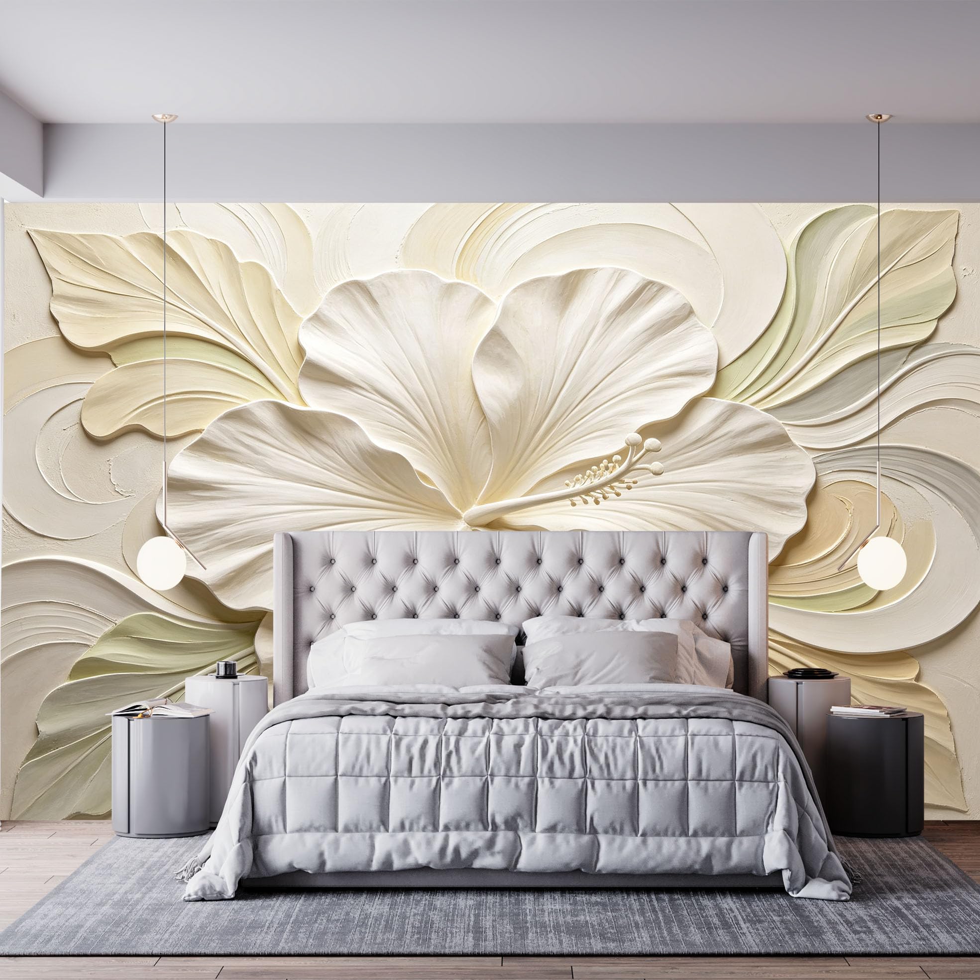 Duży kwiat hibiskusa fototapeta nowoczesna elegancka tropikalna tapeta z włókniny 200 x 140 cm kremowy beżowy botaniczne rzeźbiarskie kwiaty pokrycie ścienne do sypialni salonu jadalni funkcja W