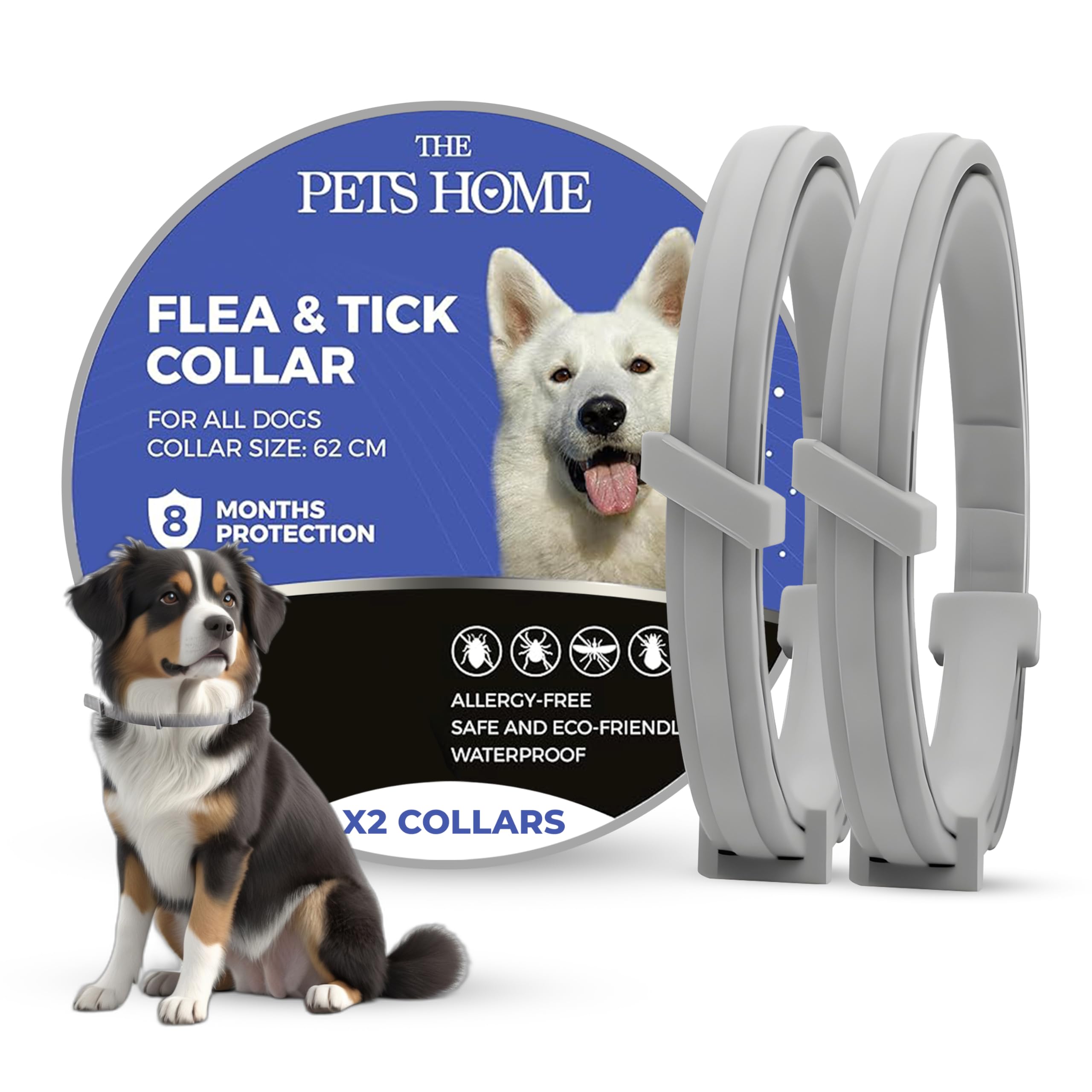 THE PETS HOME Collar Antiparasitario Perros contra Pulgas y Garrapatas, Control Antipulgas Perros 8 Meses de Protección, Collar Antipulgas de 62cm para Perros Pequeños Medianos Grandes 2 PCS
