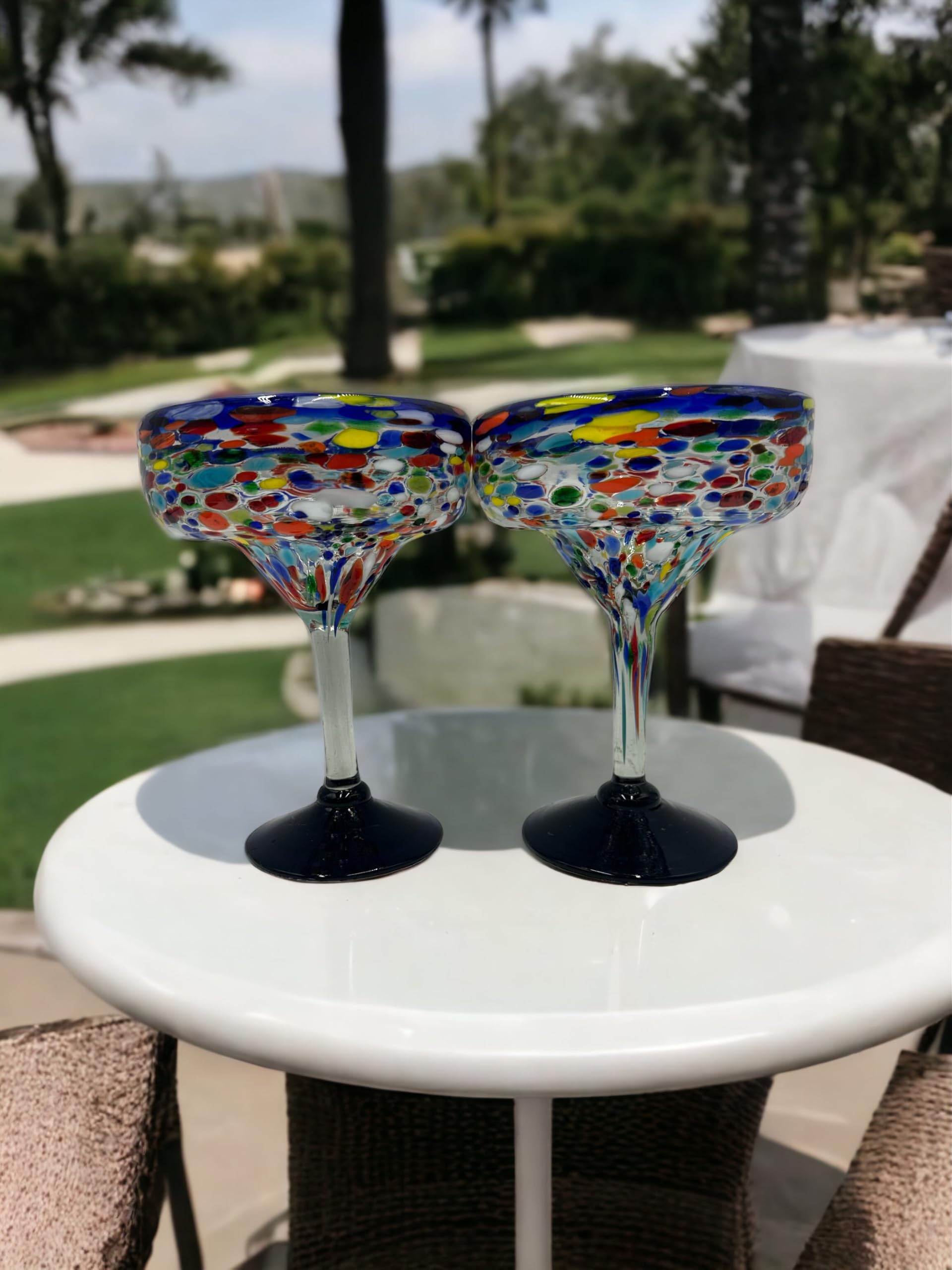 Set of 2 Hand-Blown Margarita Glasses | 16 oz Mexican Confetti Glassware with Colorful Rock Design | Blue Rim & Foot