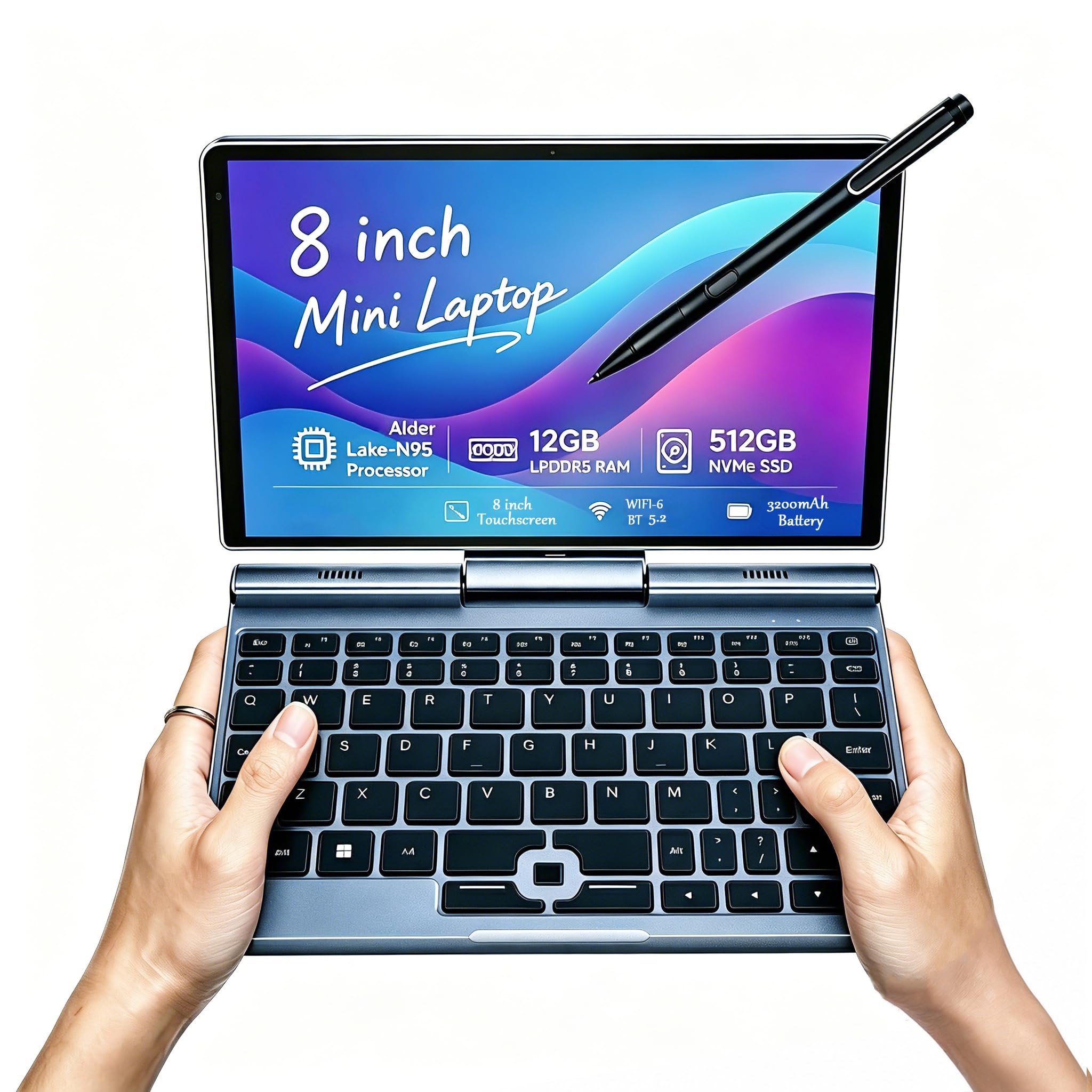 8 Inch 2-in-1 Mini Laptop,HD Rotatable Touch Screen Support Handwriting Win 11 Pro Small Laptop, N150,12GB RAM, 512GB SSD,Wi-Fi 6, BT 5.2,2 MP Camera,G-Sensor,HDMI,Type C Ultra Pocket PC-image-20
