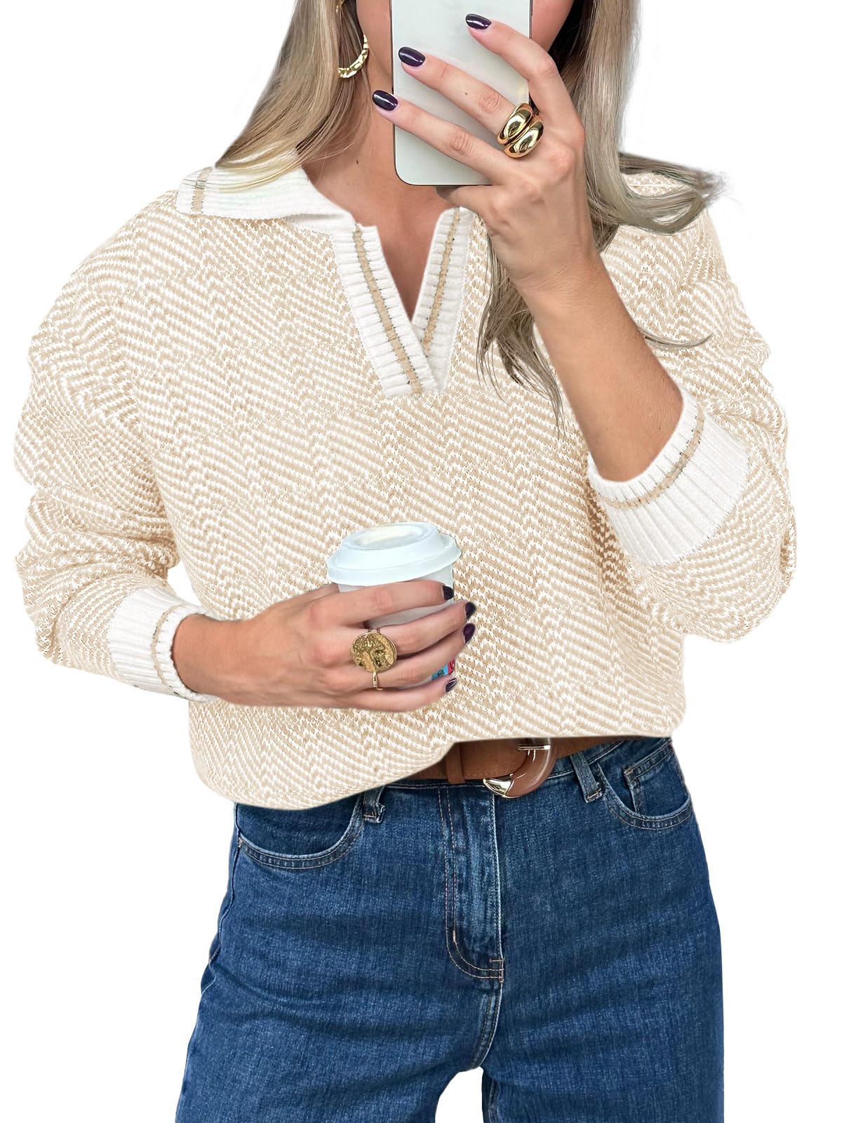 Saodimallsu Womens Fall Sweaters Tops Lapel V Neck Knit Sweater Color Block Long Sleeve Casual Soft Pullover Shirt