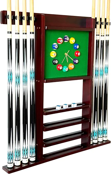 GACCO BILLIARDS Wall Mount Deluxe Pool Cue Holder, Wooden Accessories for Billiard Game Room (Mahogany), Holds 8 Cues