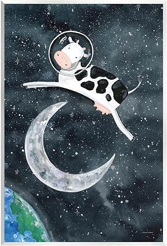 Stupell Industries Arte de pared de madera de vaca de astronauta saltando sobre la luna, diseño de Rachel Nieman