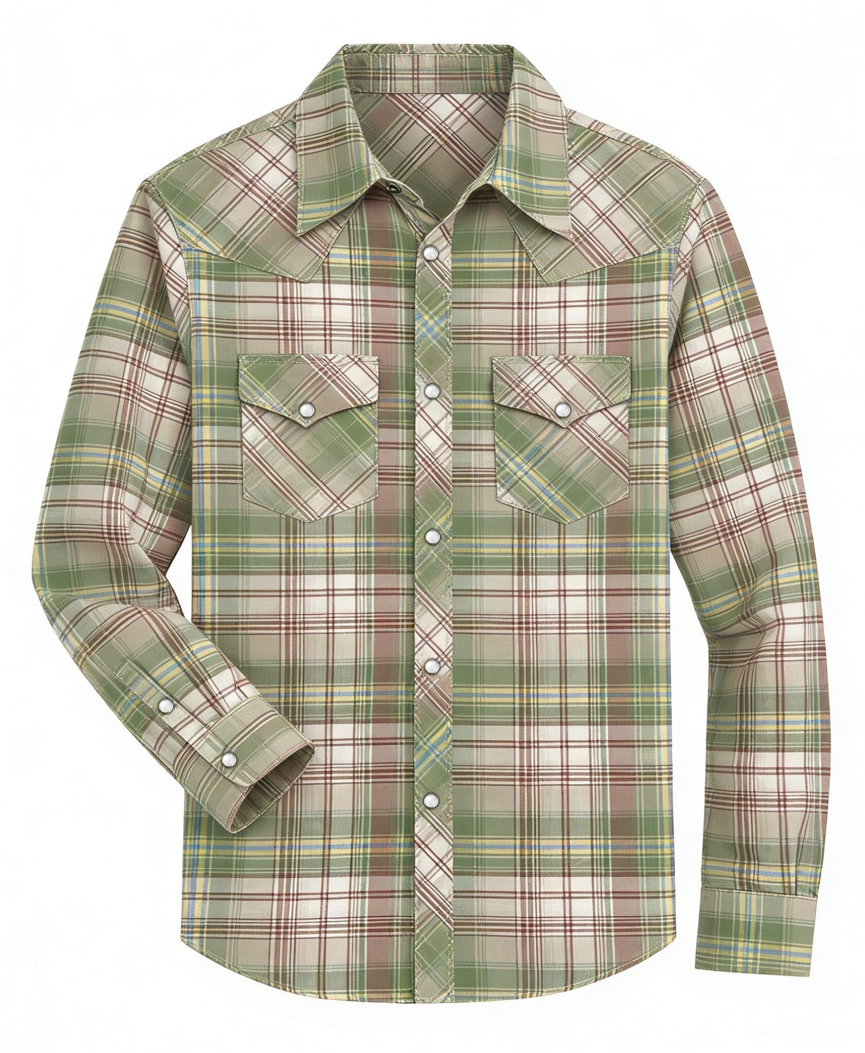 Mens Western Cowboy Long Sleeve Pearl Snap Casual Plaid Shirts