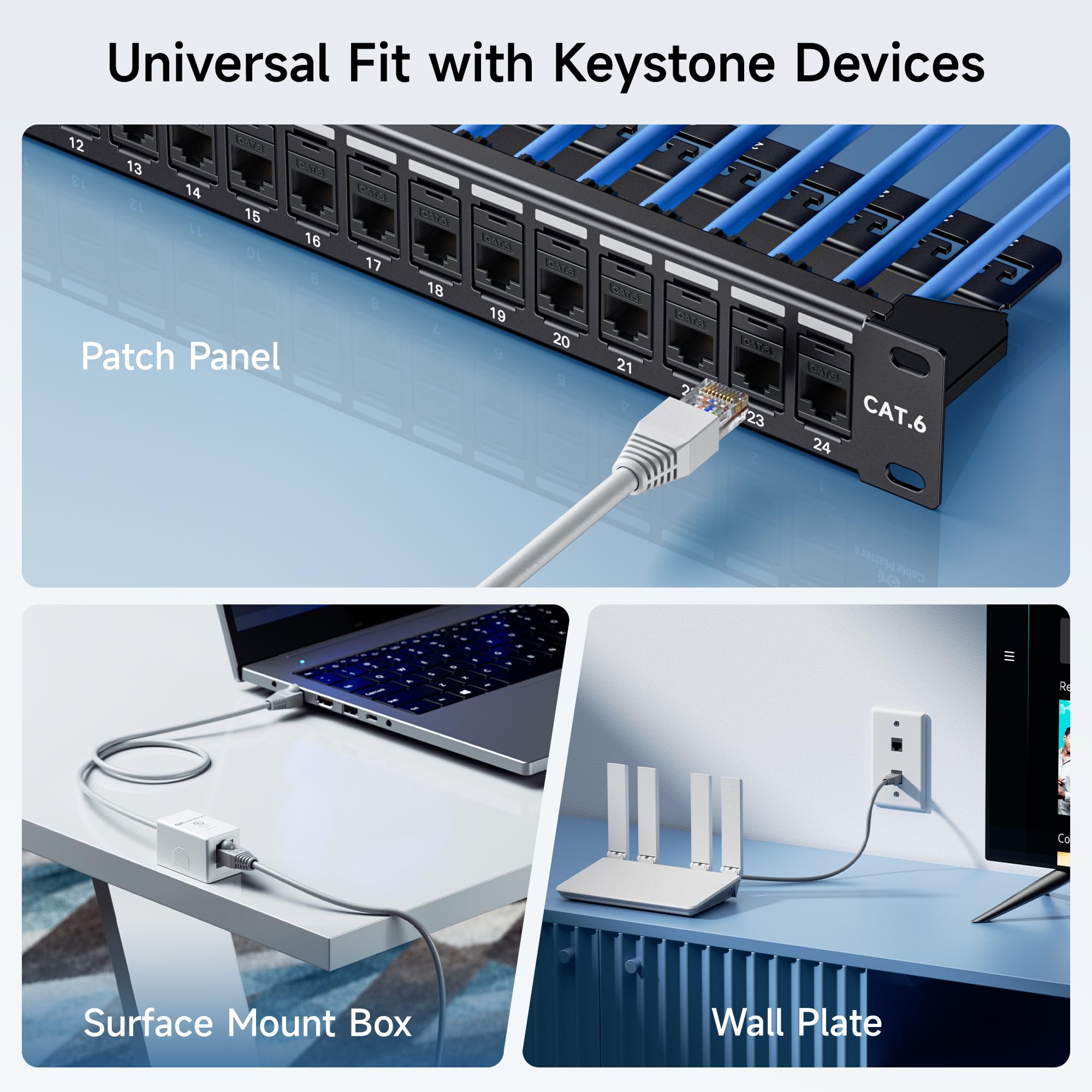 Cable Matters Confezione da 50 jack Keystone Cat6 da 10 Gbps, nero | Include supporto perforato, jack Keystone RJ45 per pannello patch e piastra a parete, jack modulare Ethernet