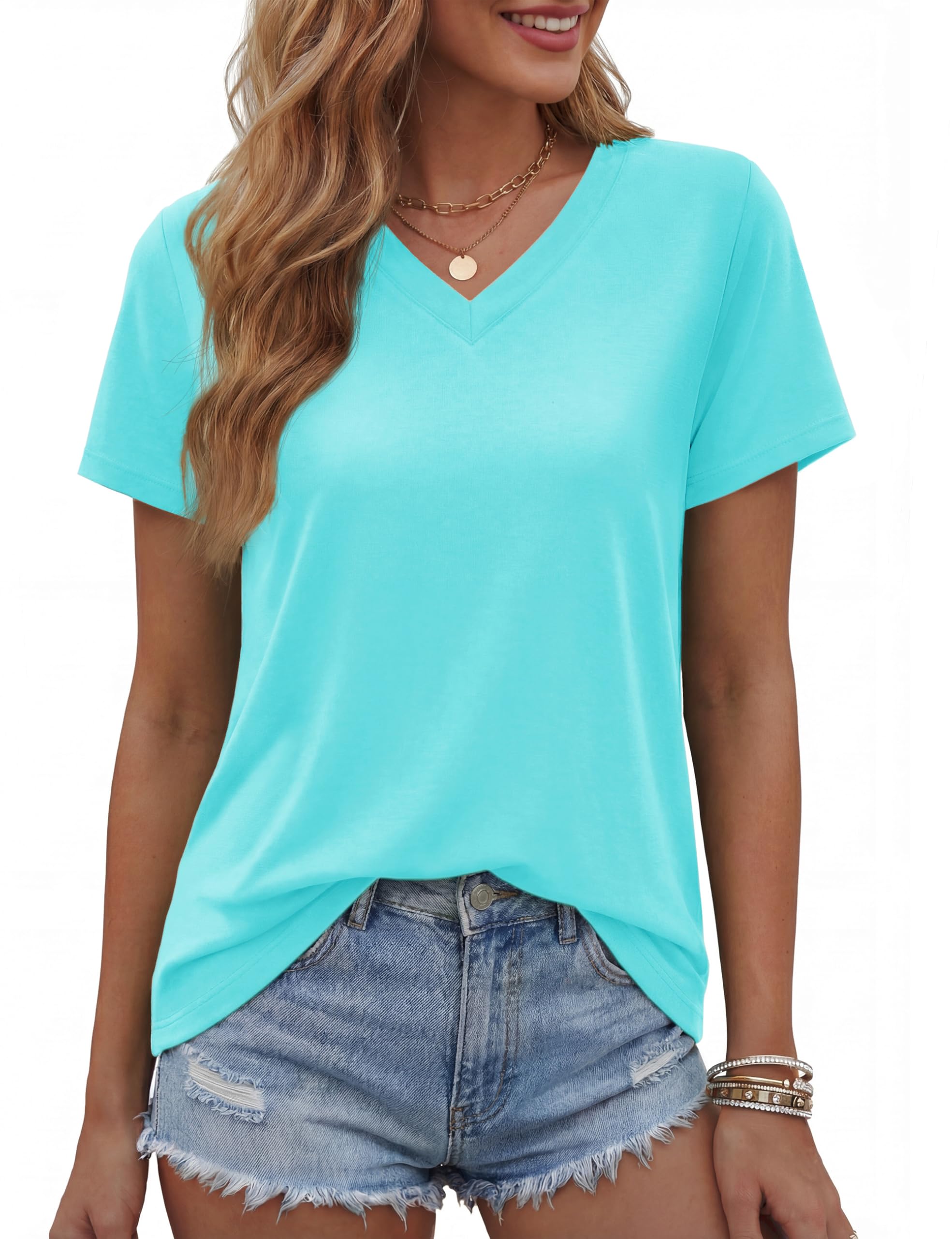 TACVASEN Damen Tshirt Kurzarm V-Ausschnitt Shirt Baumwolle Top Lässig Sommer Basic Oberteile