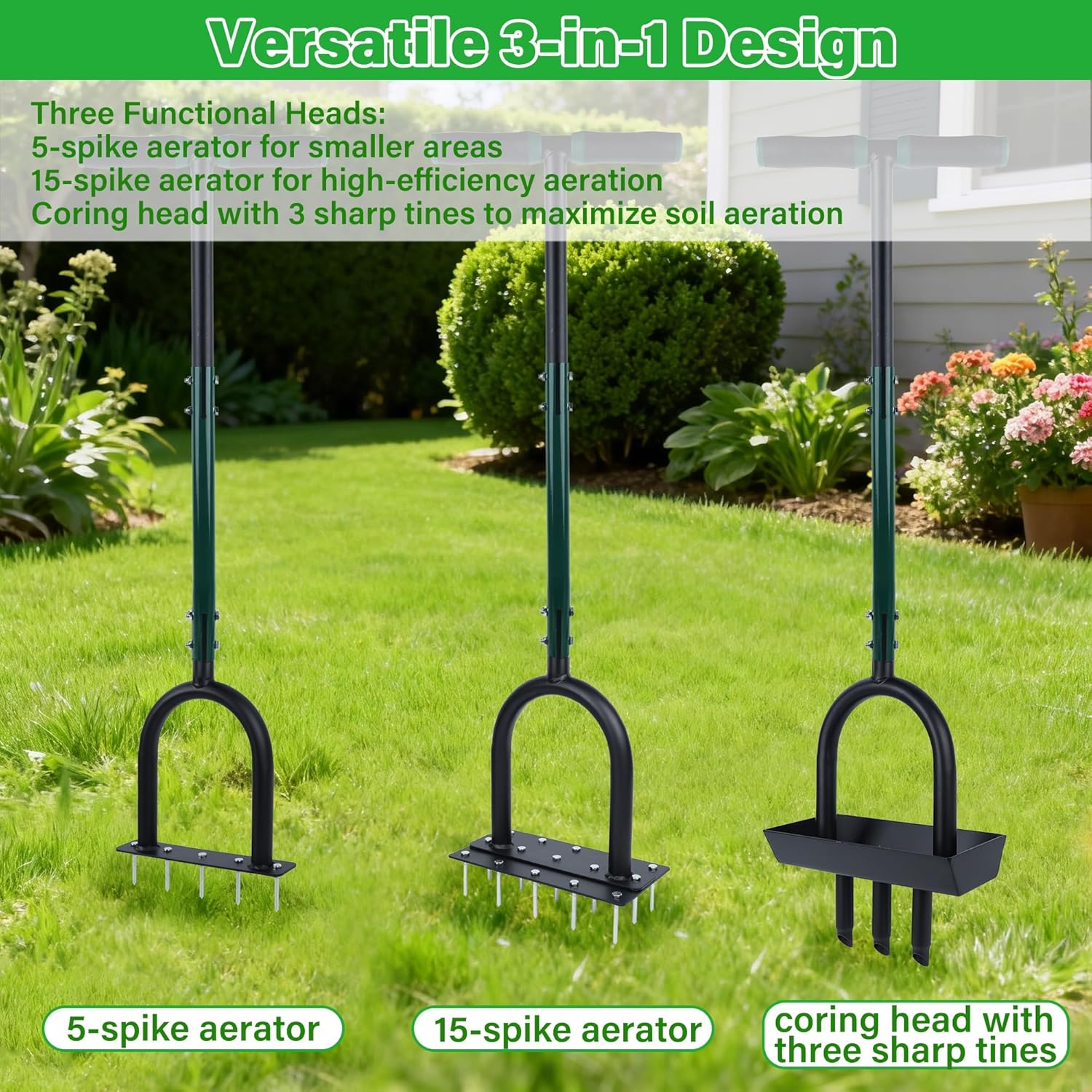 yofit 3-in-1 Manual Lawn Aerator Tool - Core & Spike Aerator with Changeable Heads (15 & 5 Spikes, Coring Head), Yard Aerators Tools with for Lawn Care, Grass Plug, Garden Soil (38.2 Inch)