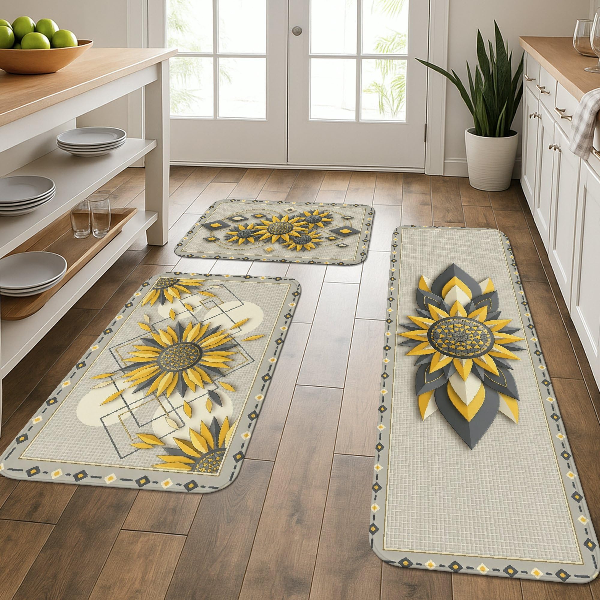 Tapis de cuisine lavable jaune géométrique pour sol glissant de buanderie et évier