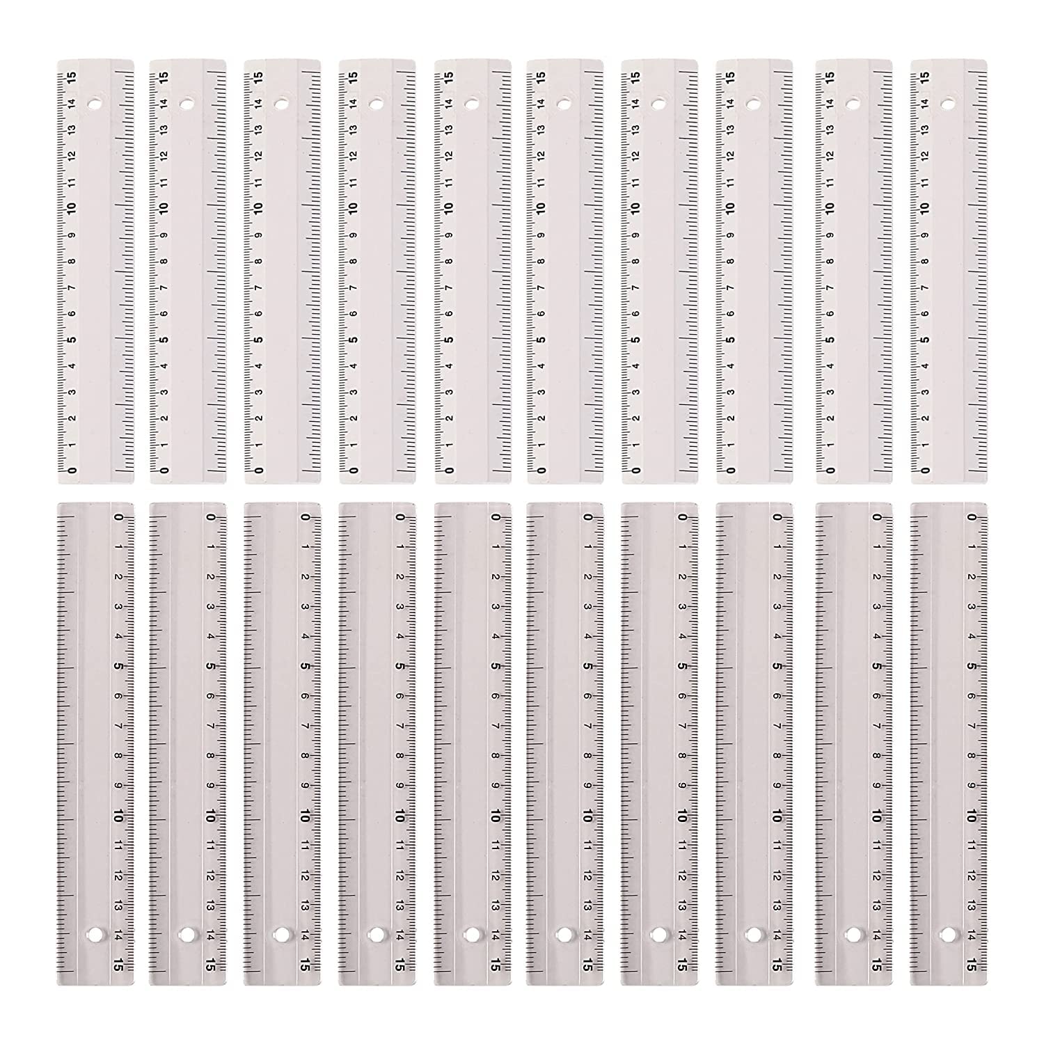 Amazon Brand – Umi 10pc Clear Plastic and 10Pc White Unbreakable Flexible Plastic 6 Inch Standard/Metric Rulers Straight Ruler Measuring Tool for Student School Office - 20 Pc