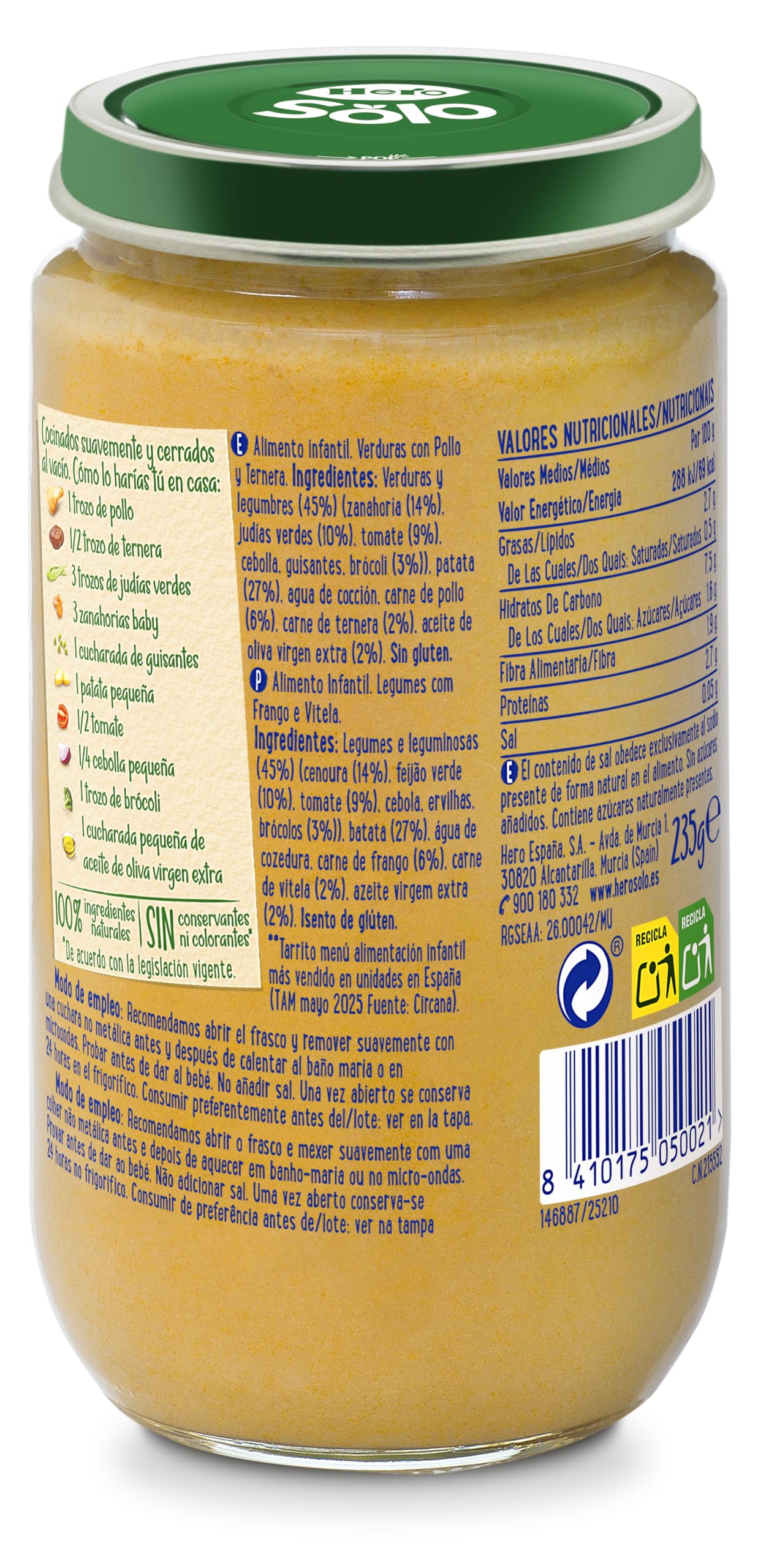 Hero Solo, Tarritos de Verduras con Pollo y Ternera, a partir de los 6 Meses, Baby, Pack de 12 x 235 g