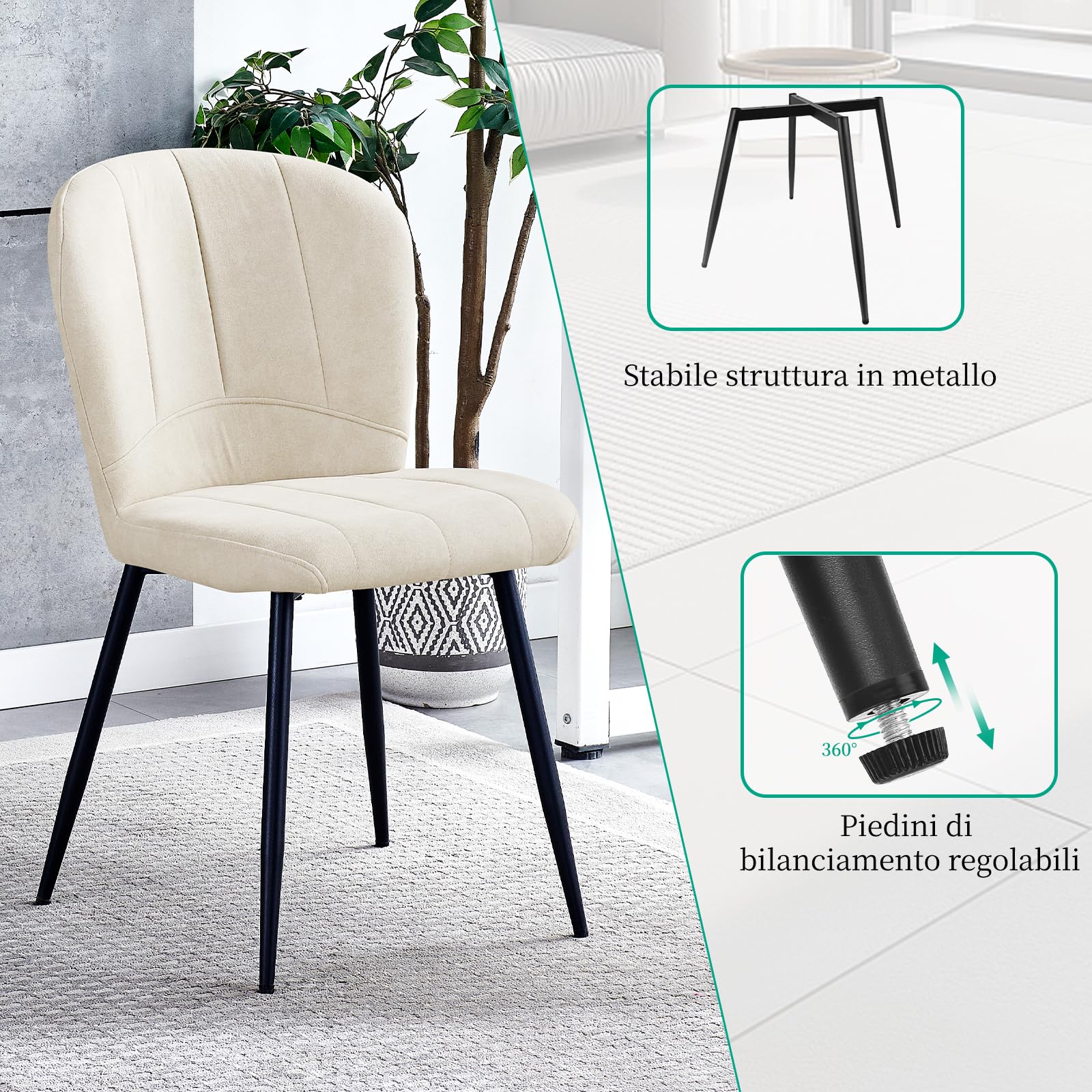 WAFTING Set di 4 Sedie da Pranzo, Sedia a Forma di Conchiglia in Ciniglia e Gambe in Metallo, Comfort Moderno per la Casa e l'Ufficio, Beige