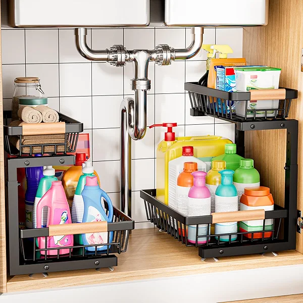 Under Sink Organizer, 2 Pack 2 Tier Under Sink Organizers and Storage, Slide Out Pull Out Cabinet Organizer Shelf, Height Adjustable Metal Drawer for Kitchen Bathroom Closet Organization Rack Black