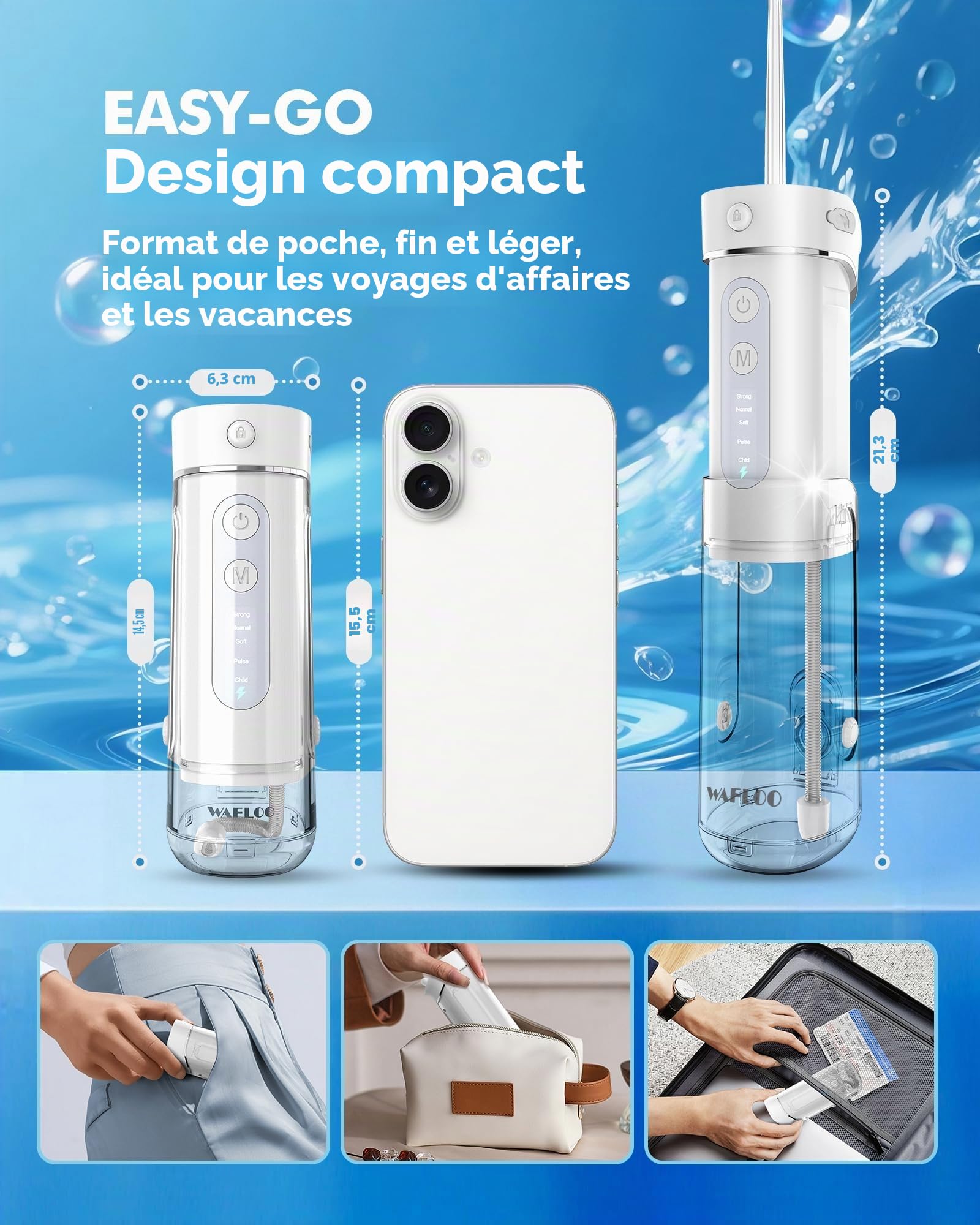 Mini Jet Dentaire Hydropulseur Portable, 5 Modes, Réservoir 180ml, IPX7 Étanche, Jet Dentaire de Voyage, Mini Water Flosser pour Maison et Déplacements, Blanc
