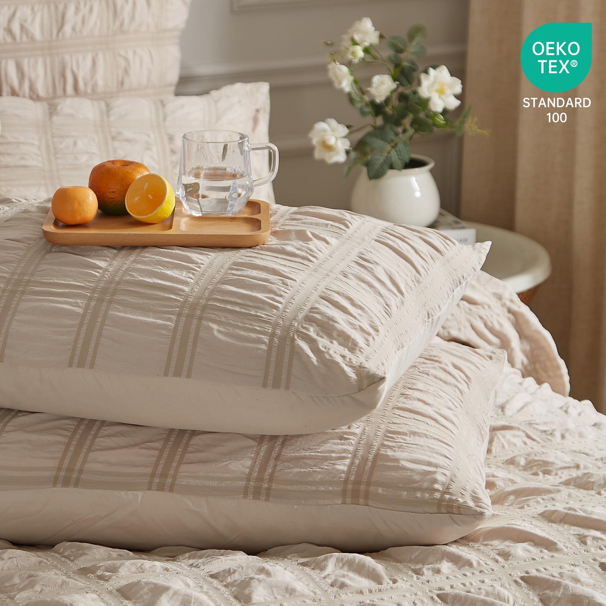 Luowei Seersucker Bettwäsche 220x240cm Kariert Beige Flauschig Bügelfreie Bettwäsche Aesthetic Set Sommer Kühlend Bettbezüge 220x240 mit Reißverschluss und 2 Kissenbezüge 80x80 cm