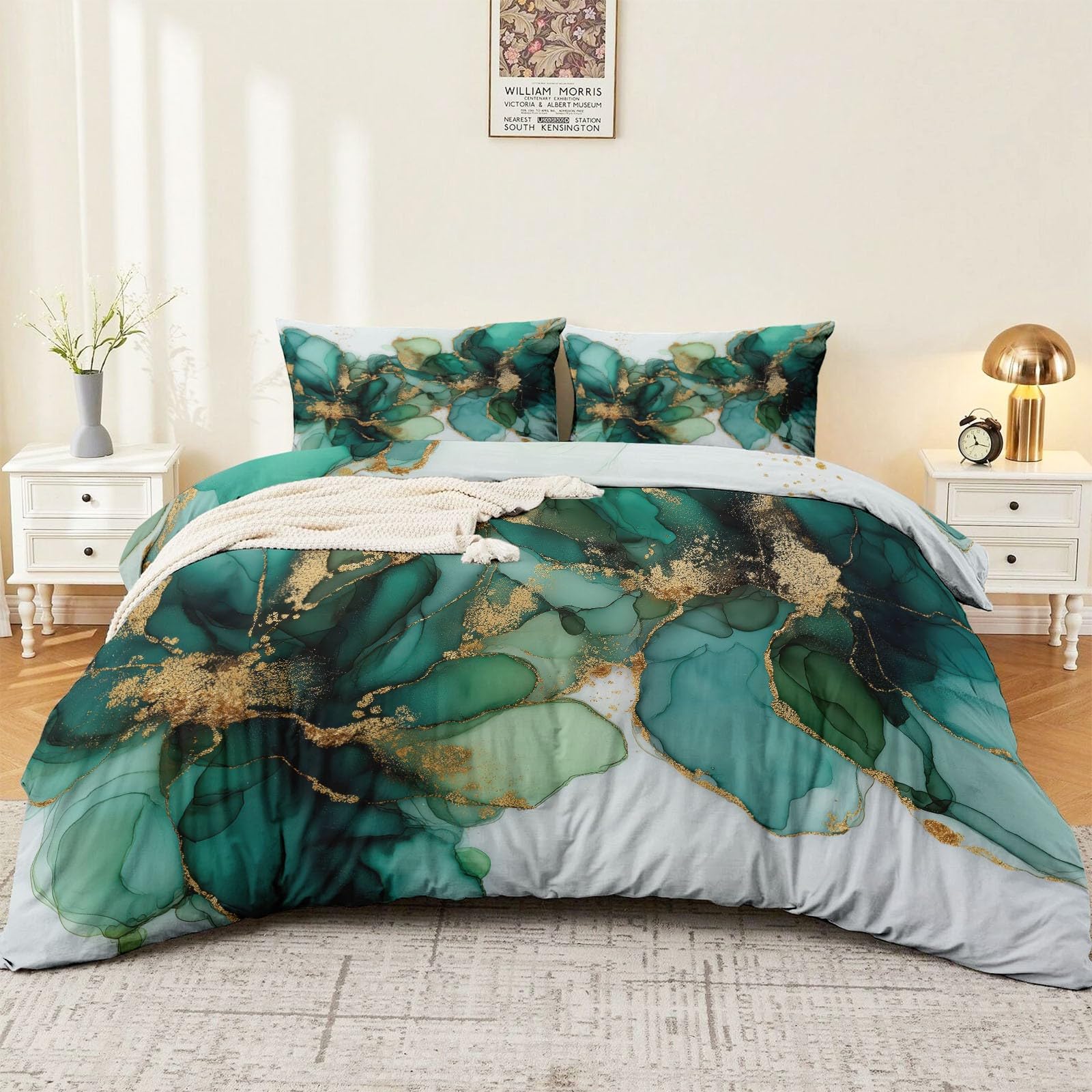 Housse de Couette 220x240 cm Imprimé Fleurs Vert Doré pour Lit 2 Personnes avec 2 Taies d'Oreiller