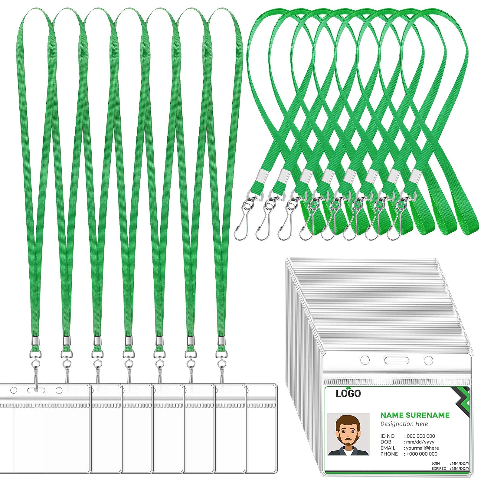 Honoson 100 Sets Name Tag Lanyards Bulk for Kids with ID Badge Holder Clear Plastic Horizontal Cruise Necklace Lanyard for Classroom Adults Kids