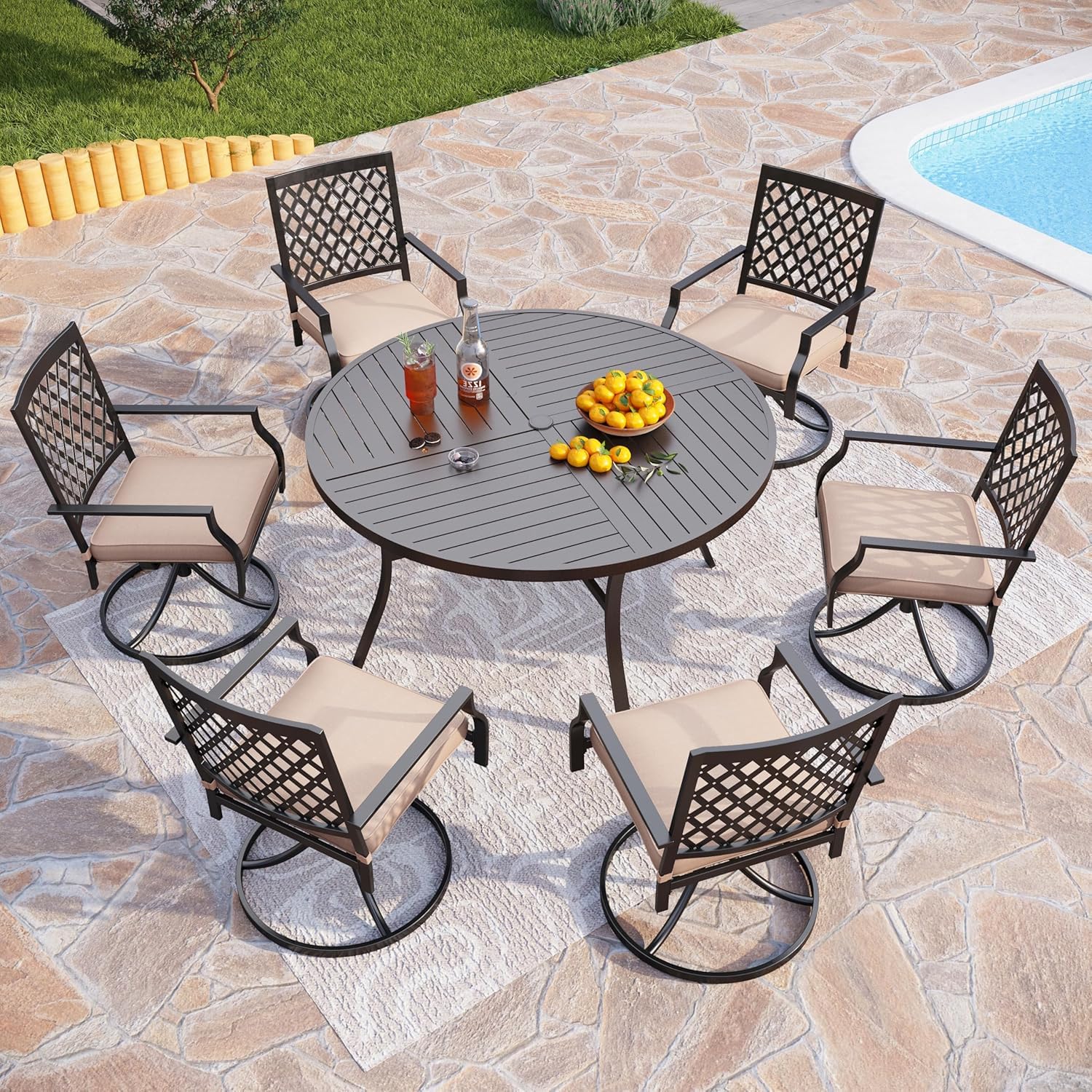 PHI VILLA Table a Manger de Jardin Exterieur, Table d'appoint Cuisine à Manger avec Trou de Parasol pour Terrasse 4 Personnes Ronde Fer Forge