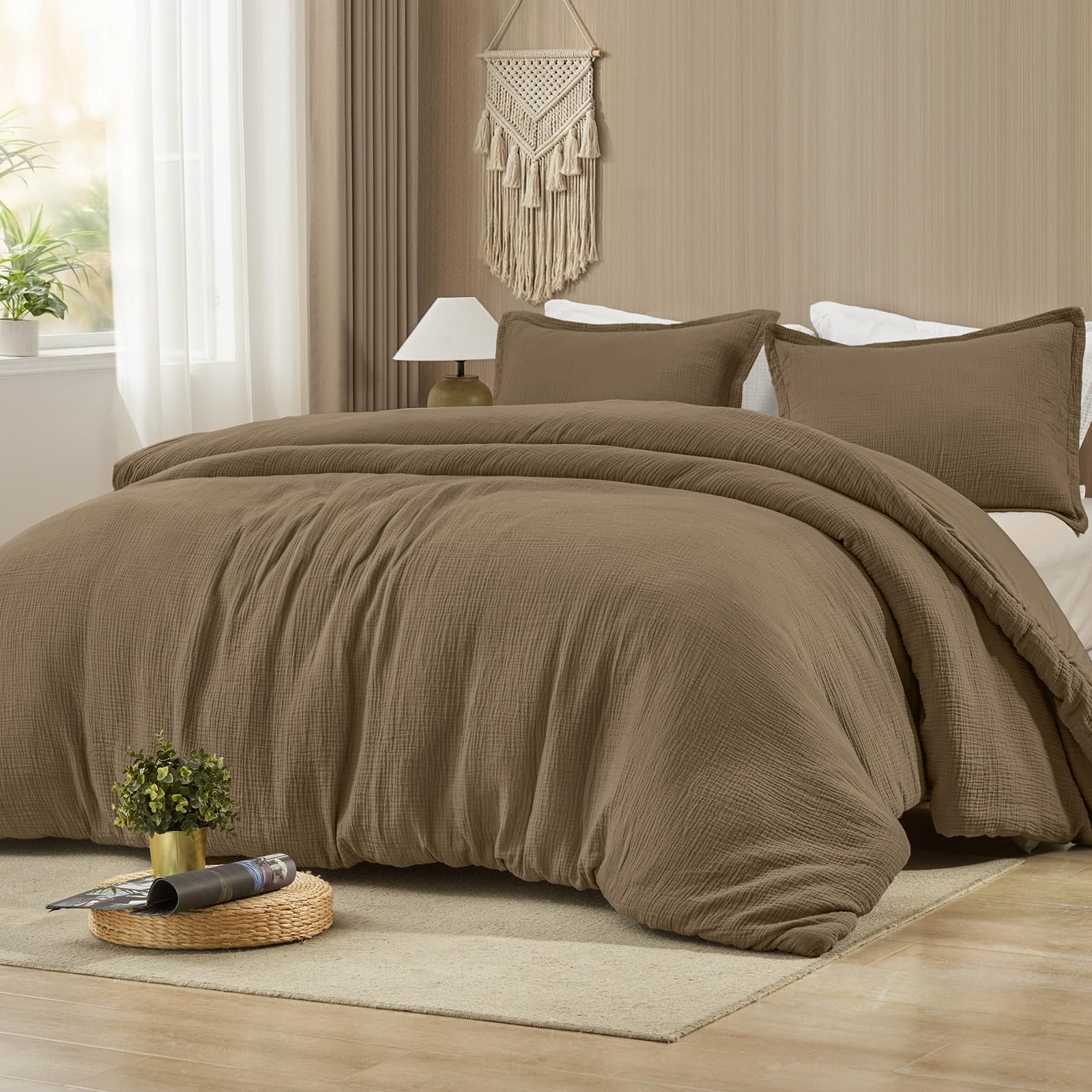 phf cotton muslin comforter set king - 100% cotton cover, ultra soft & breathable, 3pcs lightweight all-season bedding with polyester fill, 1 comforter 104"x90" & 2 pillow shams 20"x36", mocha
