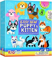 KRAFUN Kids Sewing Kit: 8 Easy DIY Stuffed Puppy & Kitten Dolls, Beginner Arts Crafts with Safe Tools & Instructions, Gift for Boys Girls 5+