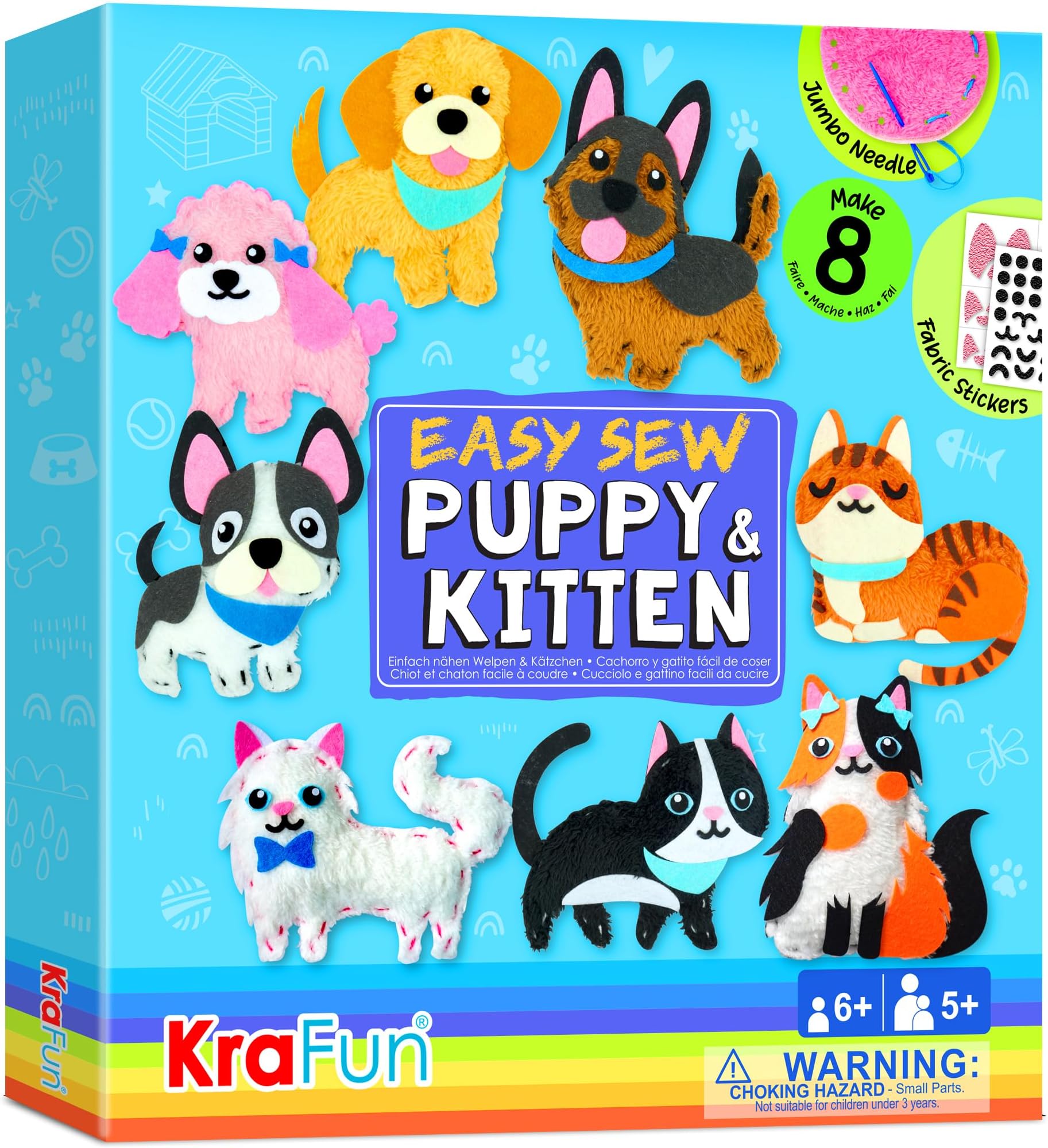 KRAFUN Easy Sewing Kit for Beginners Kids Arts & Crafts 8 Easy DIY Projects Puppy and Kitten Plush Doll with Instructions and Felt, Gift for Girls Boys Learning to Sew