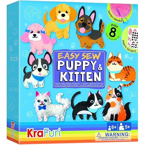 KRAFUN Easy Sewing Kit for Beginner Kids Arts & Crafts, 8 Easy DIY Projects of Stuffed Animal Dolls of Puppies & Kittens, Dogs and Cats, Instructions & Felt, Gift for Girls, Boys, Learn to Sew