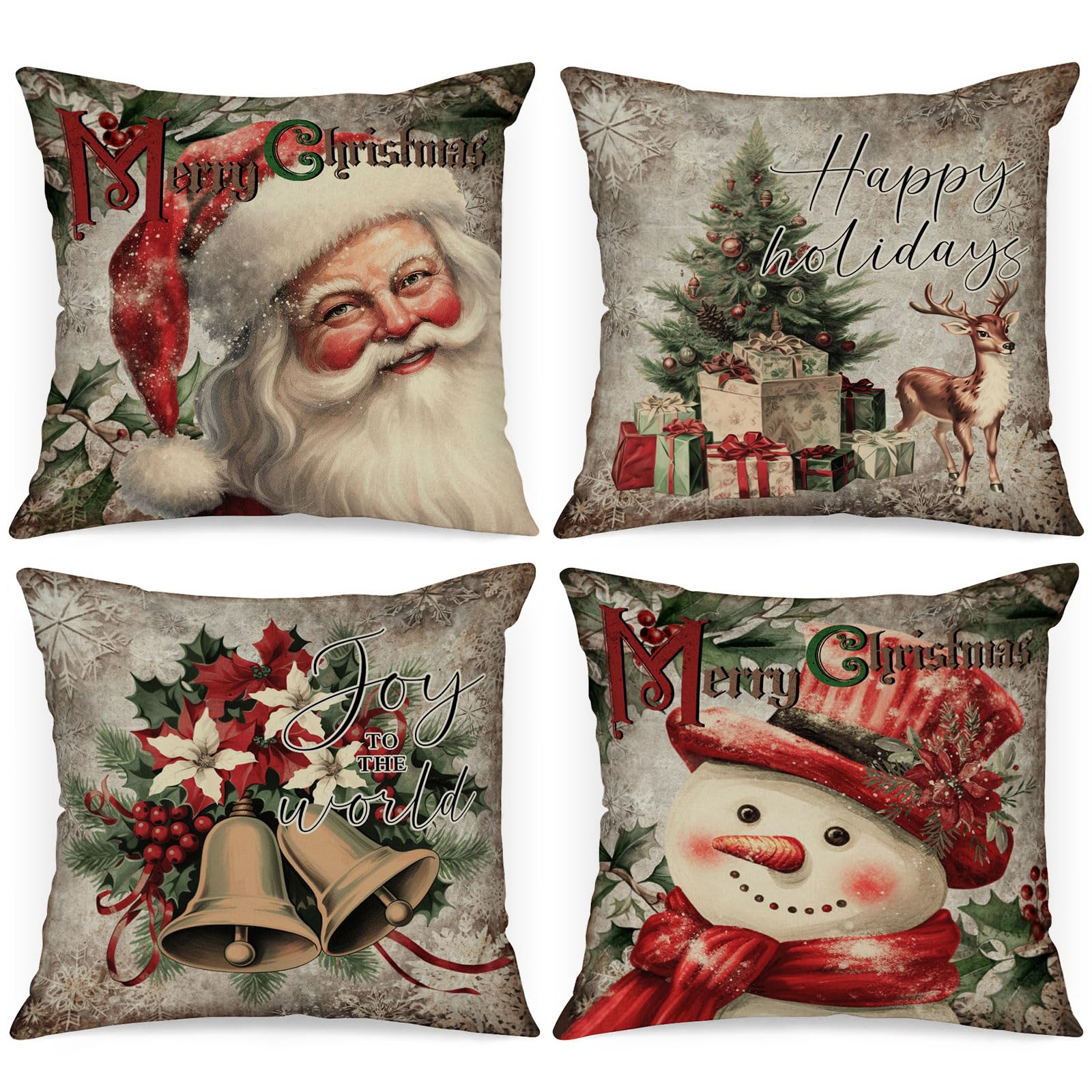 Lanpn Vintage 22x22 Christmas Throw Pillow Covers Set of 4, Xmas Decoration Cushion, Winter Holiday Decorative Pillow Case, Santa Claus Snowman