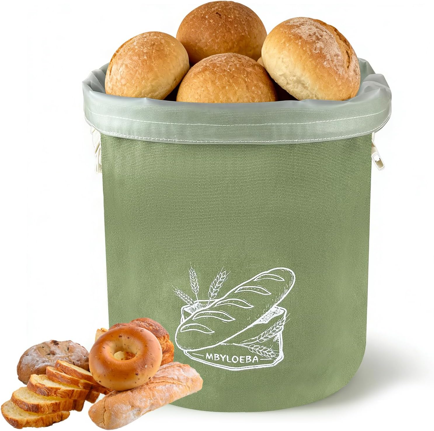 Sourdough Bread Bags for Homemade Bread, Aesthetic 16oz Canvas Stand-Up Reusable Bread Bag, Hard Bottom Bakery Keeper with Waterproof TPU Lining, Modern Sage Green