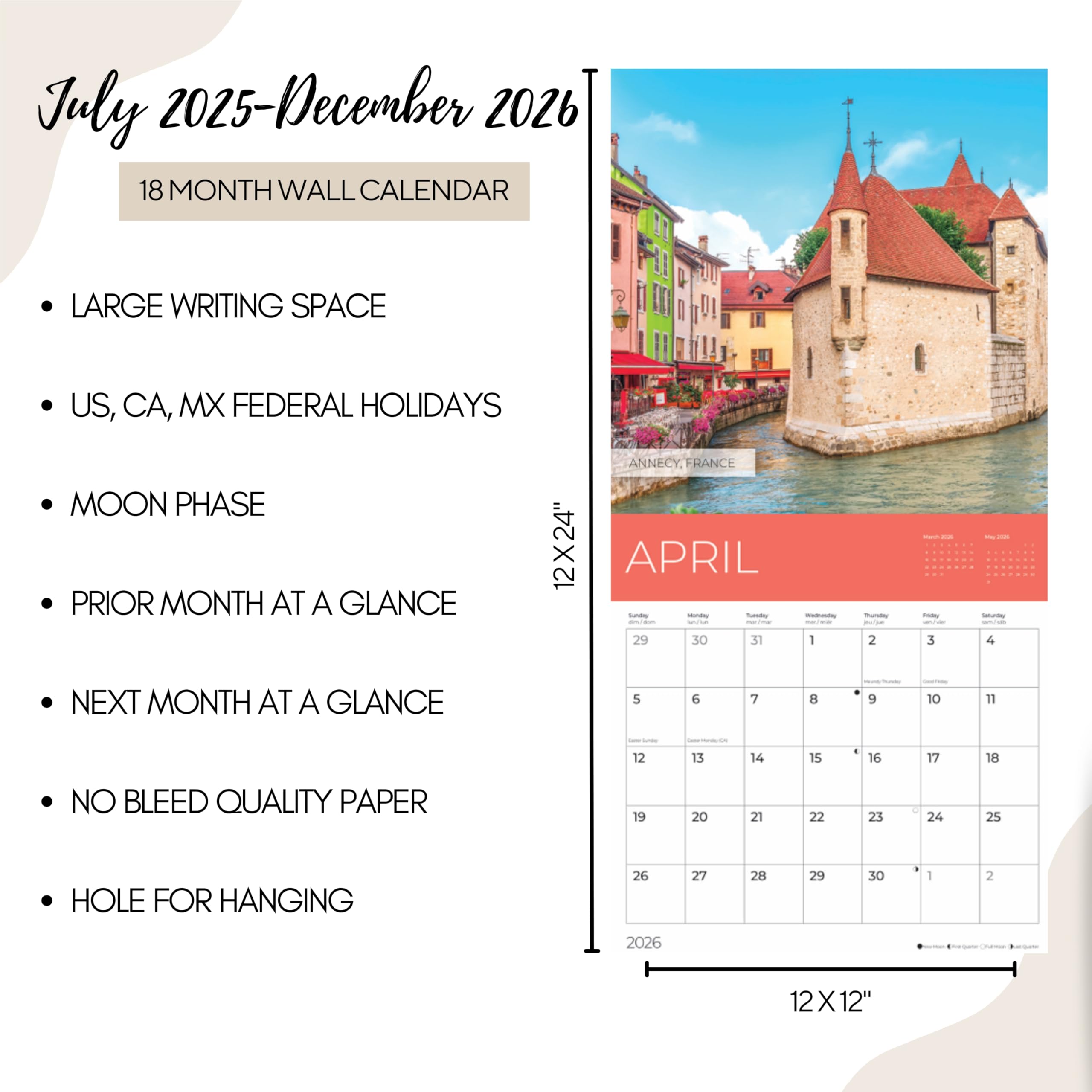 Juli 2025 - Dezember 2026 Europa-Wandkalender 18 Monate | 30,5 x 61 cm geöffnet | Geschenkreisekalender 2026 | Dickes und stabiles Papier zum Organisieren und Planen | Pacific Waters Press