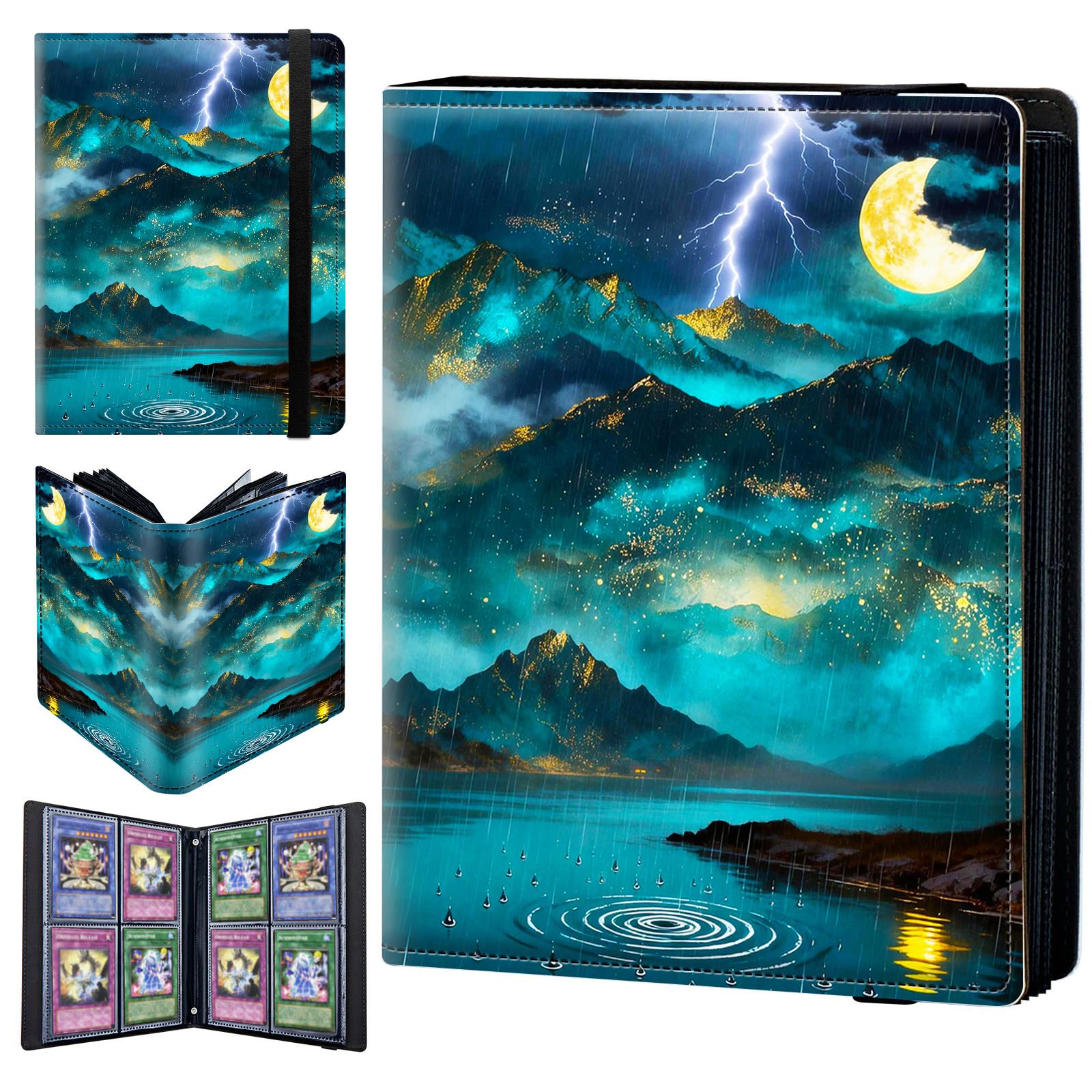 4 Pocket Trading Card Binder 320 Side Loading Pocket Album with Green Mountain Moon Pattern Design Card Binder for Sports Cards & Game Cards