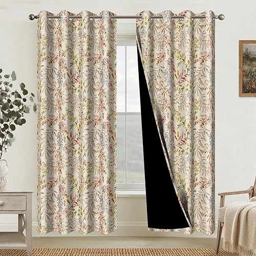 Cortinas opacas de 84 pulgadas de largo, 2 paneles, estampado de hojas bohemias vintage en tonos tierra cálidos para decoración de casa de campo e