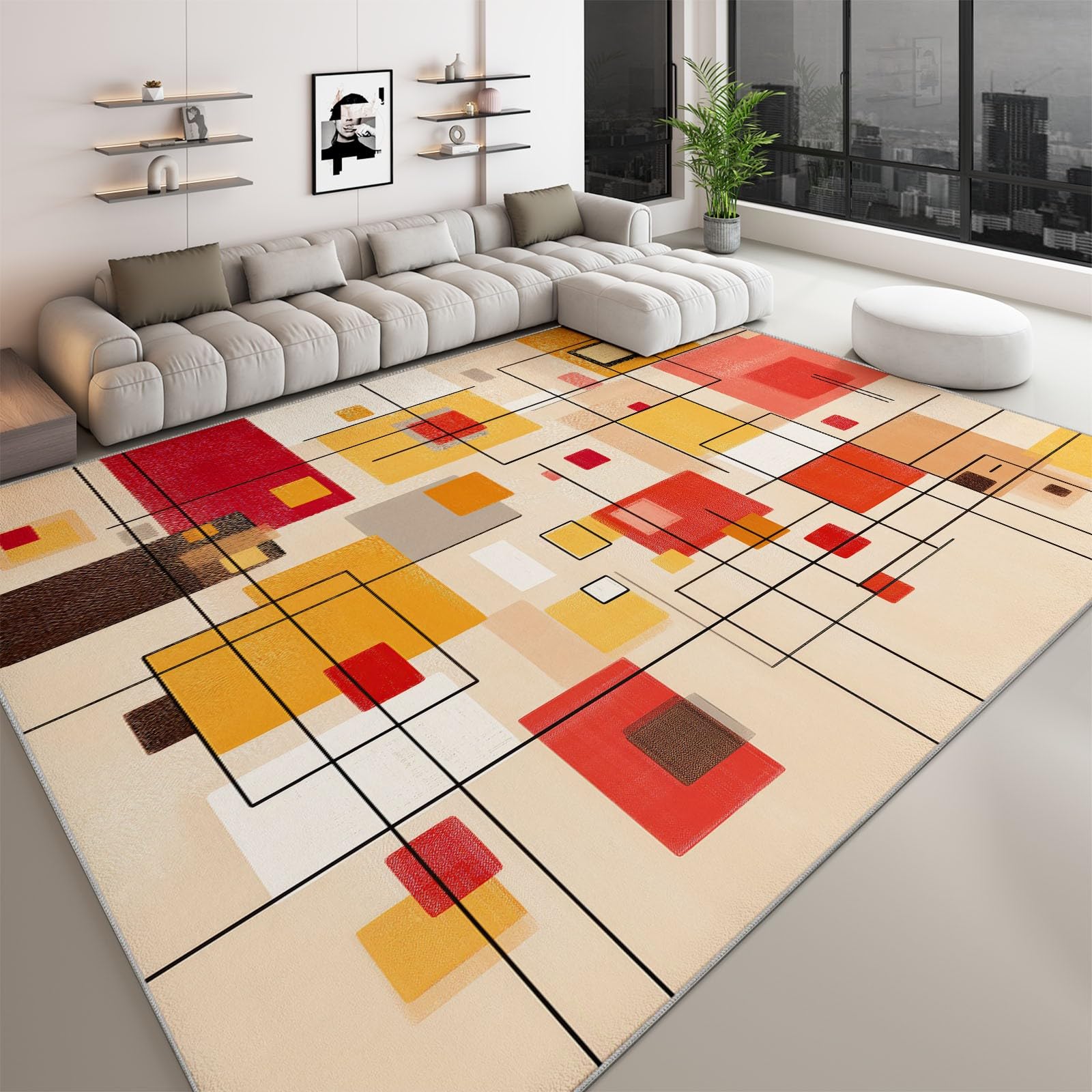 Nowoczesny dywan z nadrukiem Mid-Century 120 x 170 cm, geometryczna sztuka abstrakcyjna kolorowe klocki dywan do salonu można prać w pralce - trwały antypoślizgowy dywan do jadalni przedpokój pokój