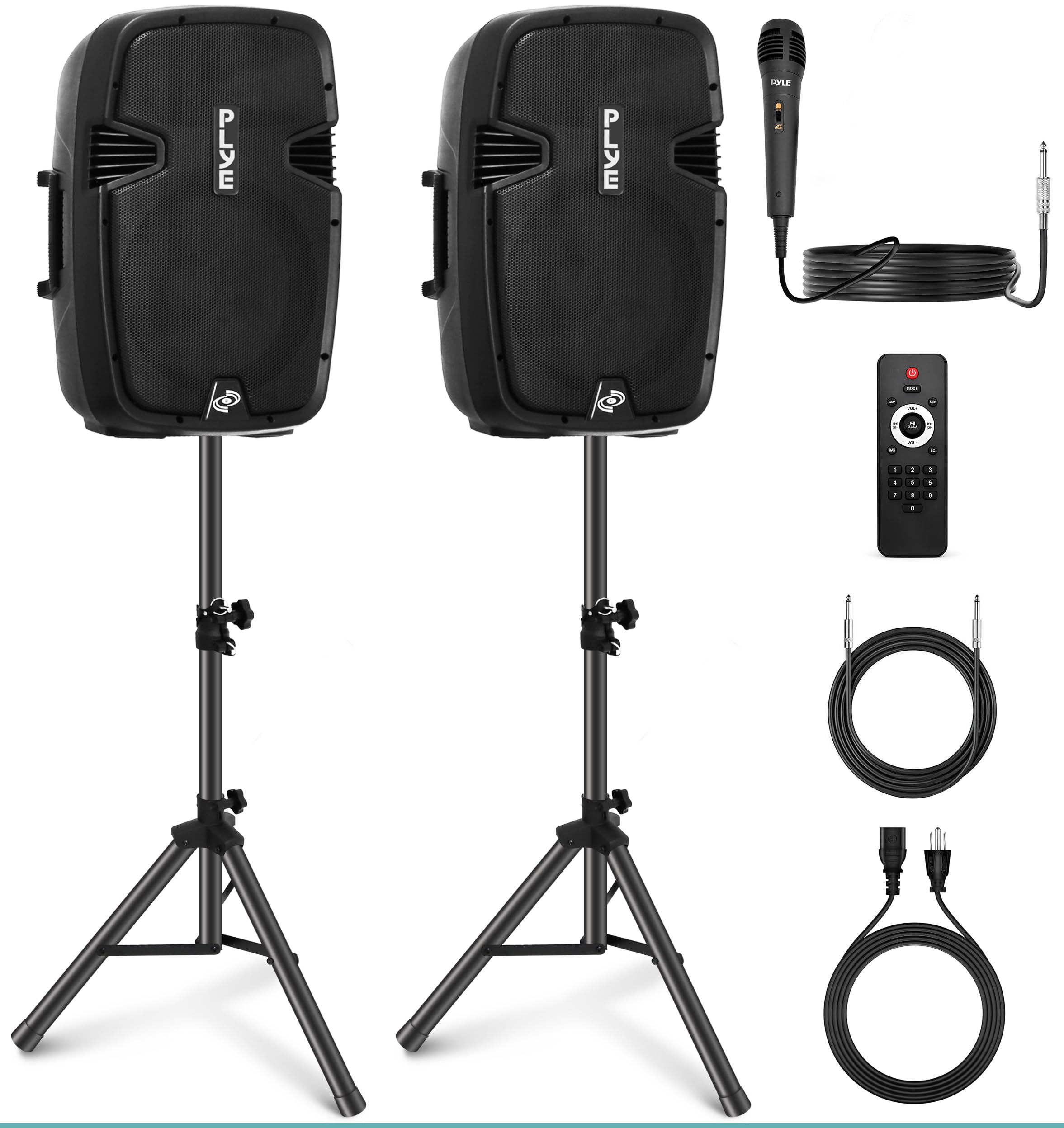 Pyle Wireless Portable PA System Kit - 1800W Peak, Bluetooth Compatible, Active + Passive Pair For Indoor / Outdoor Sound, Multiple Inputs-USB SD AUX XLR RCA, Comes With 2 Stands, Wired Mic, Remote