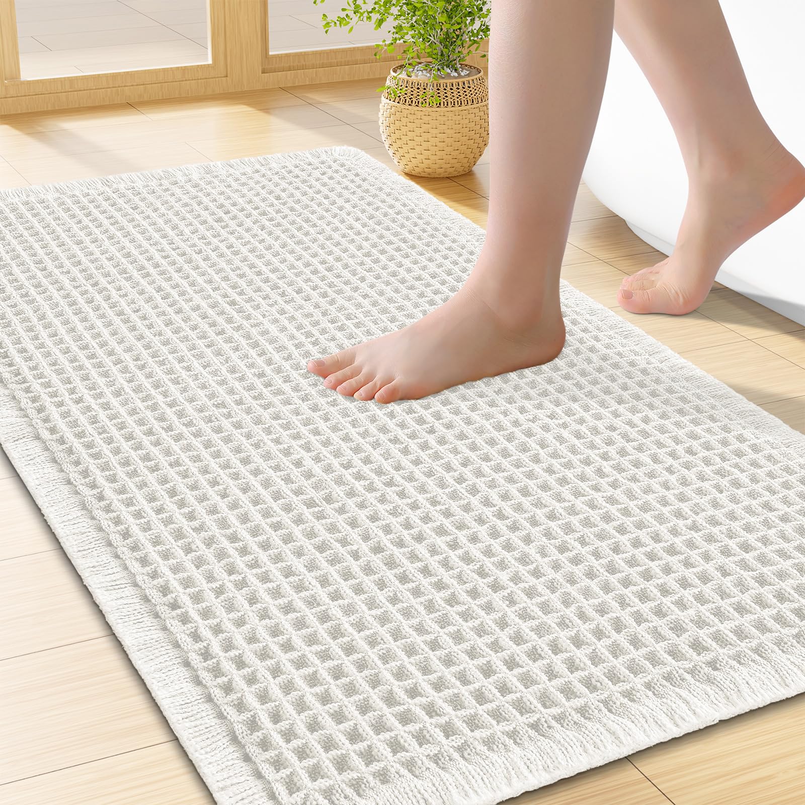 Smiry Waffle Bath Mat 24X16, Extra Soft Absorbent Bathroom Rugs, Off-White