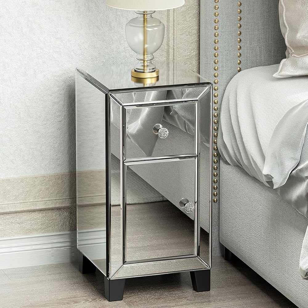 Muiity Mirrored Nightstand with Drawer & Cabinets, Modern